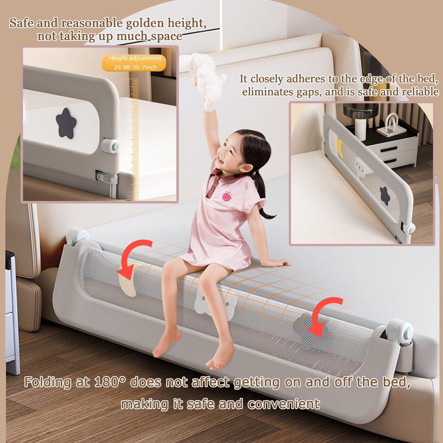 HIQNWTO Bed Rail for Toddlers, Foldable Baby Bed Rail Guard, Adjustable, Safety, Convenient, Guard Rails with Twin, Full, Queen& King Size (Pink Patchwork, 71inch)