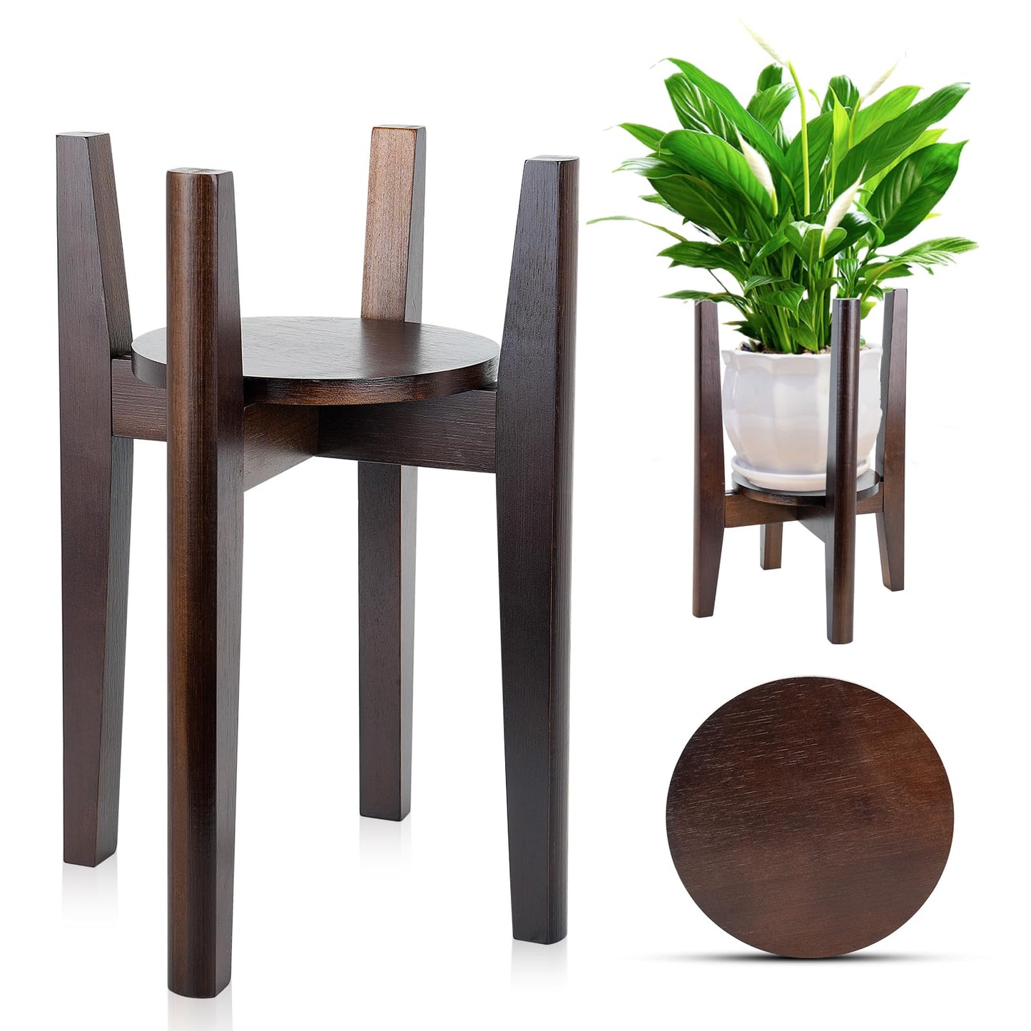 ZIOZERTT Adjustable Plant Stand with Tray,Indoor Wood Plant Stand Fit 8'' to 12'' Planter,Mid Century Modern Flower Pot Holder Rack(Plant and Pot Not Included)
