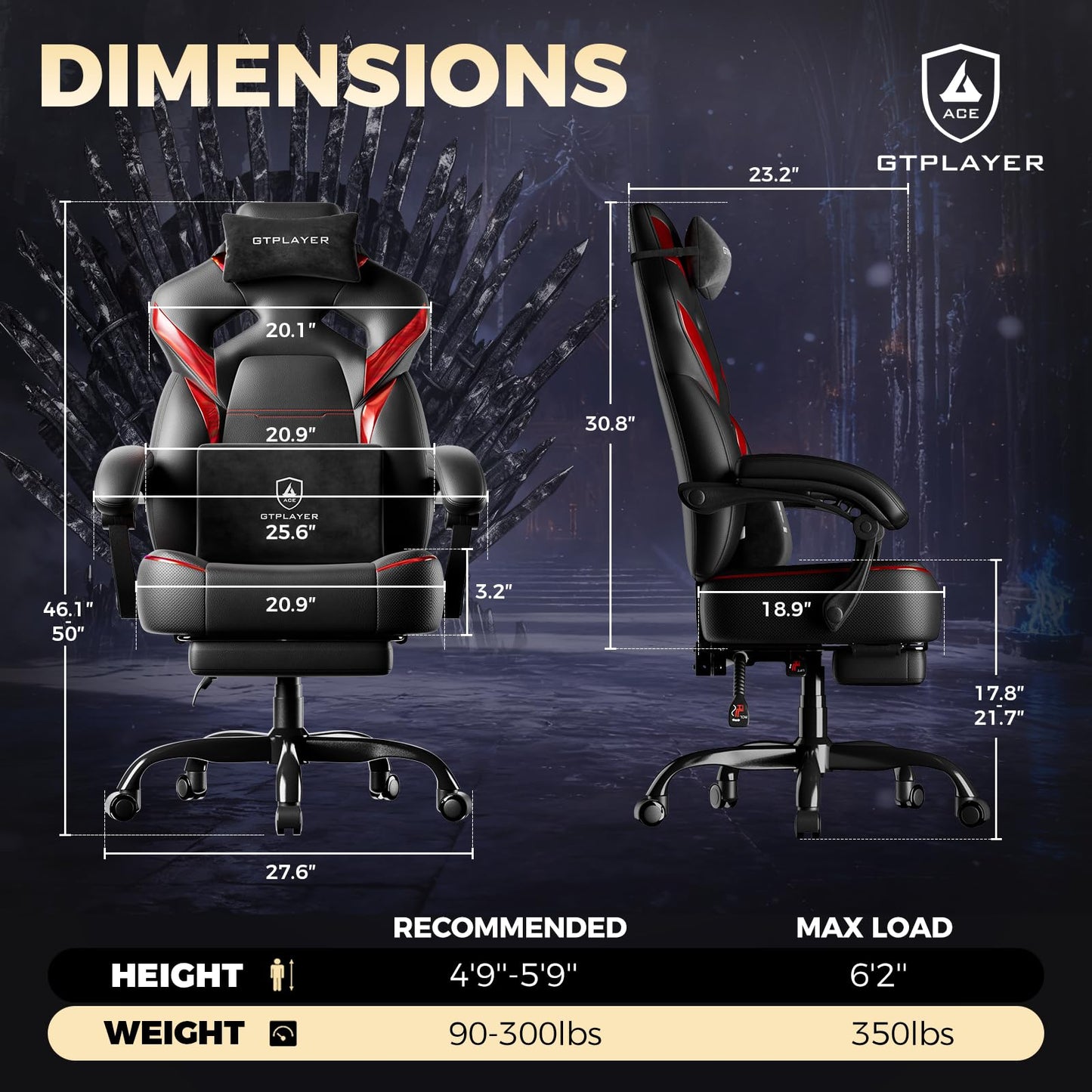 GTPLAYER Big and Tall Gaming Chair for Adults, Ergonomic Office Chair with Footrest, Heavy Duty 350 lbs Capacity, High Back, Premium Leather & Iridescent Trim, ACE-Armor, Black & Red