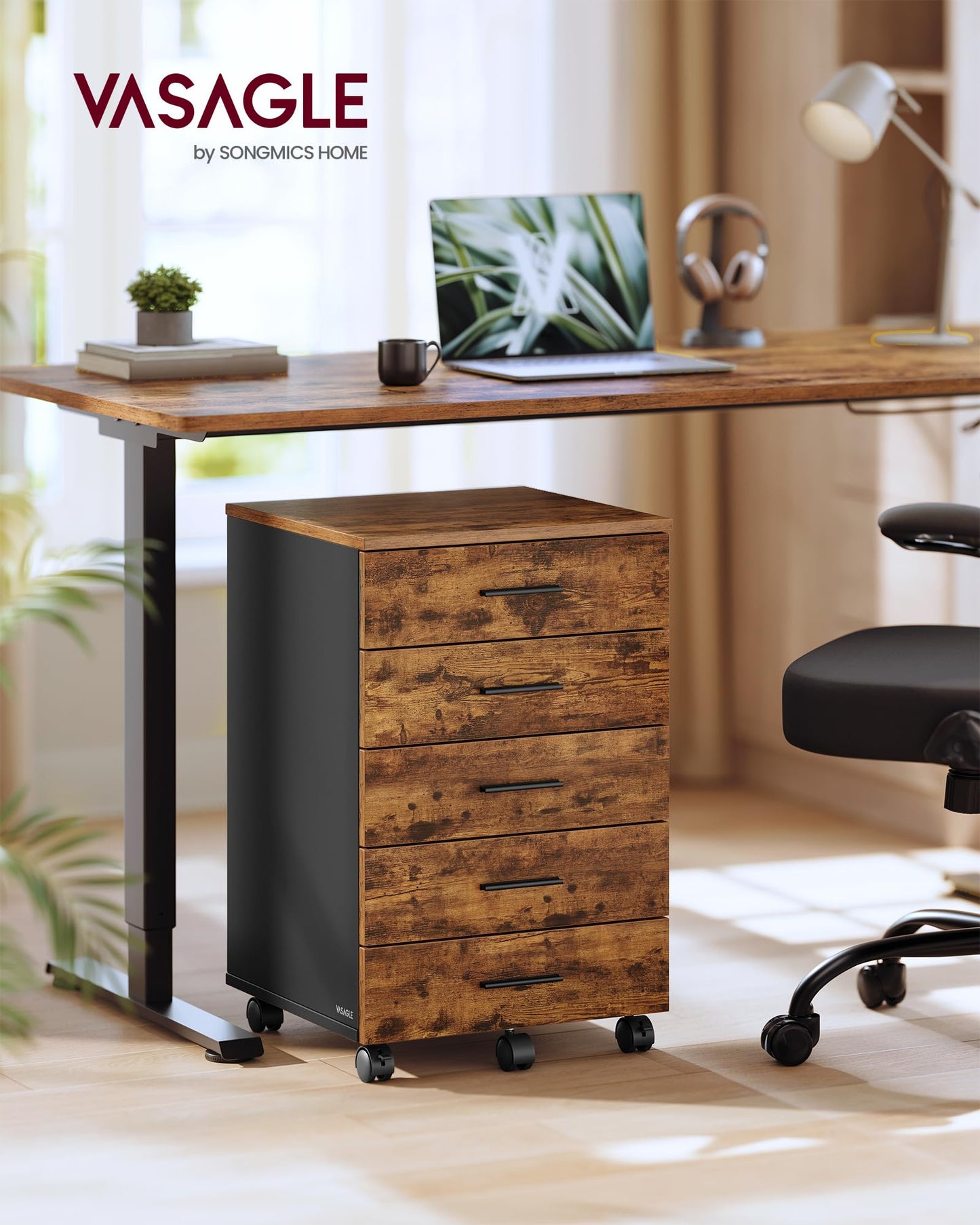 VASAGLE Custos Collection - File Cabinet, Mobile Pedestal Filing Cabinet with Wheels, Printer Stand with 5 Drawers, Tool-Free Sliding Rails, for Study, Home Office, Rustic Brown UOFC081KD01S