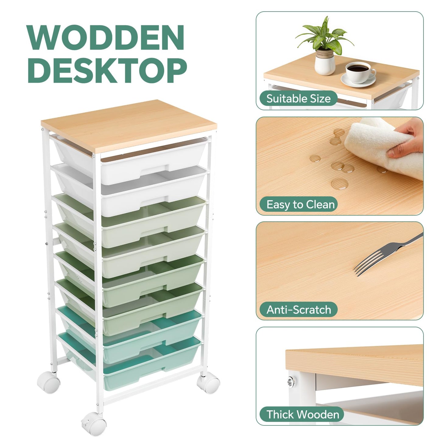 Ekisemio Rolling Cart with 8 Drawers, Storage Drawers Cart with Wooden Tabletop and Lockable Wheels, Utility Cart for Living Room, Office, Classroom, Craft Room, Green