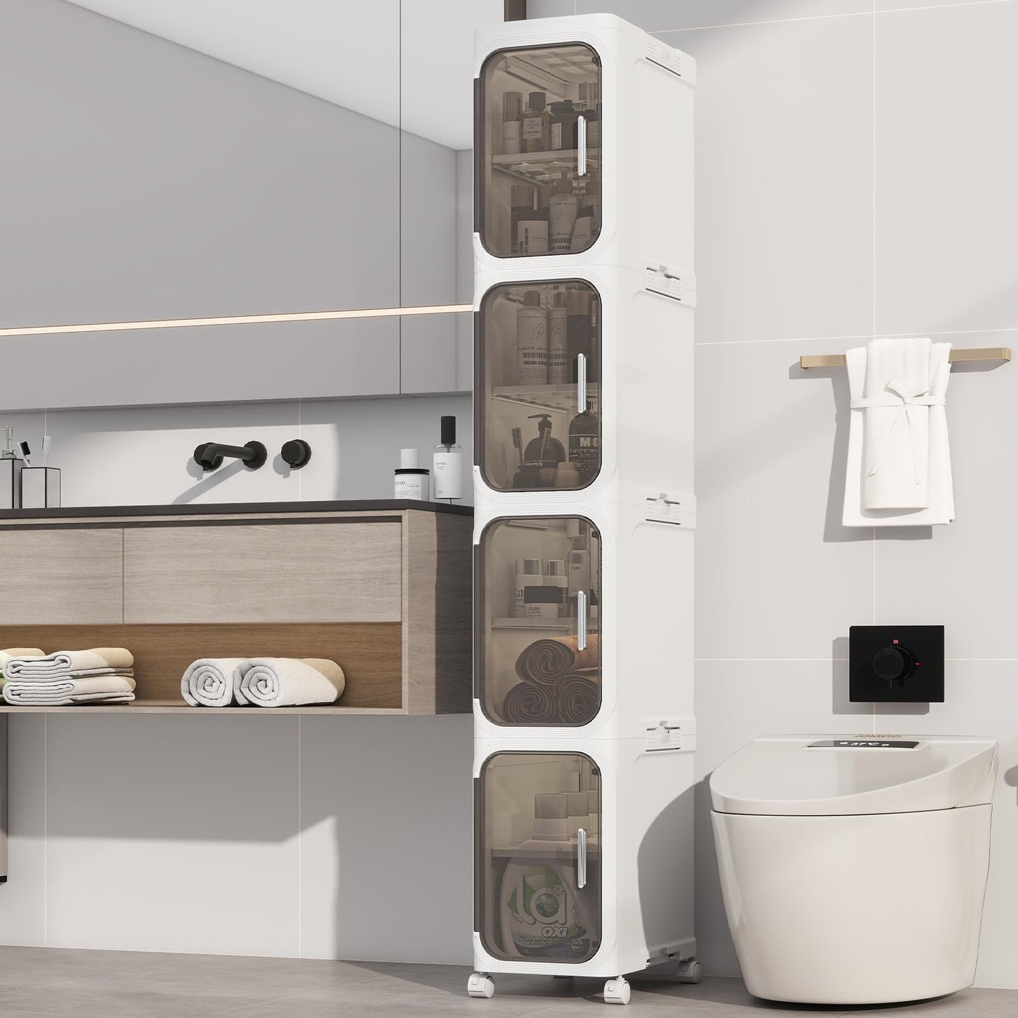 Neathub 4 Tier Slim Bathroom Storage Cabinet, Foldable and Movable, White