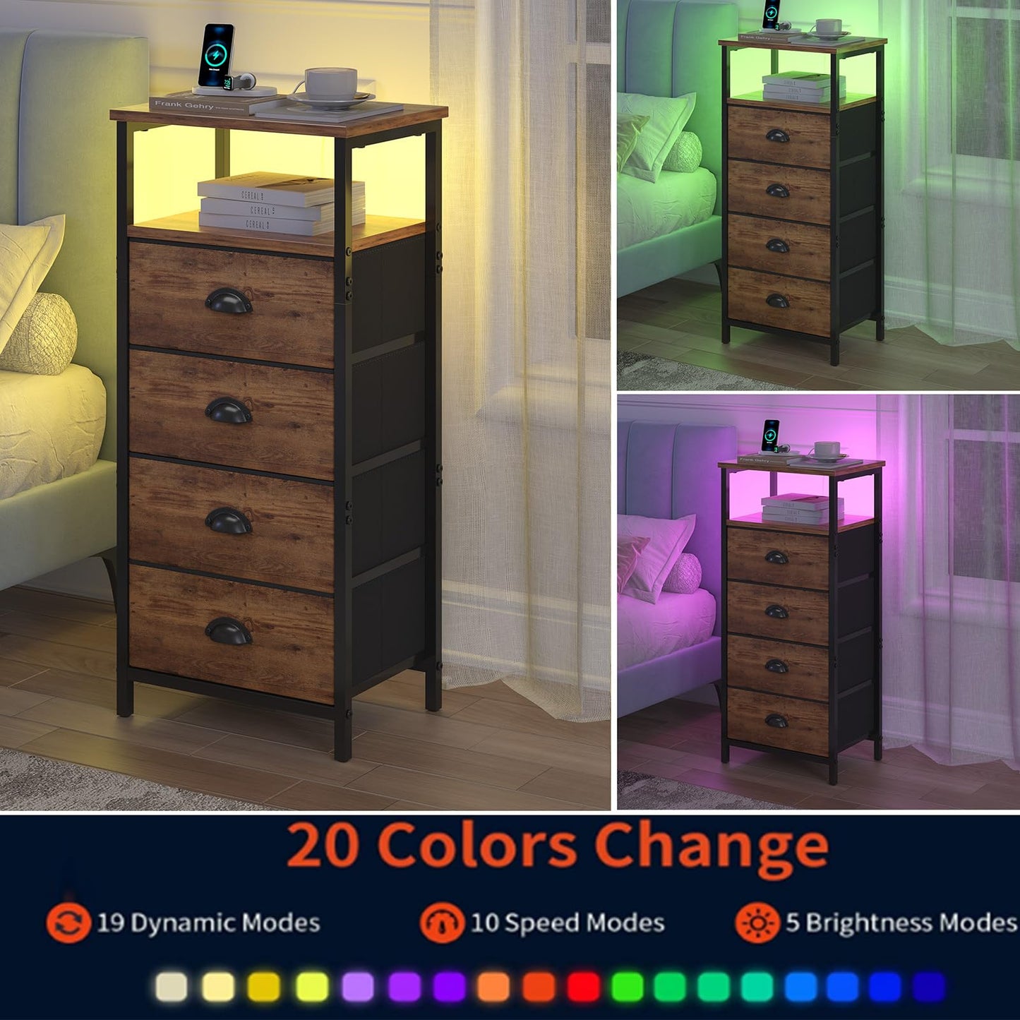 sthmec Nightstand with Charging Station,LED Nightstand with 4 Fabric Drawers, Bedside End Tables, 2-Tier Open Storage Shelf Side Table Nightstand with Drawers for Bedroom,Rustic Brown