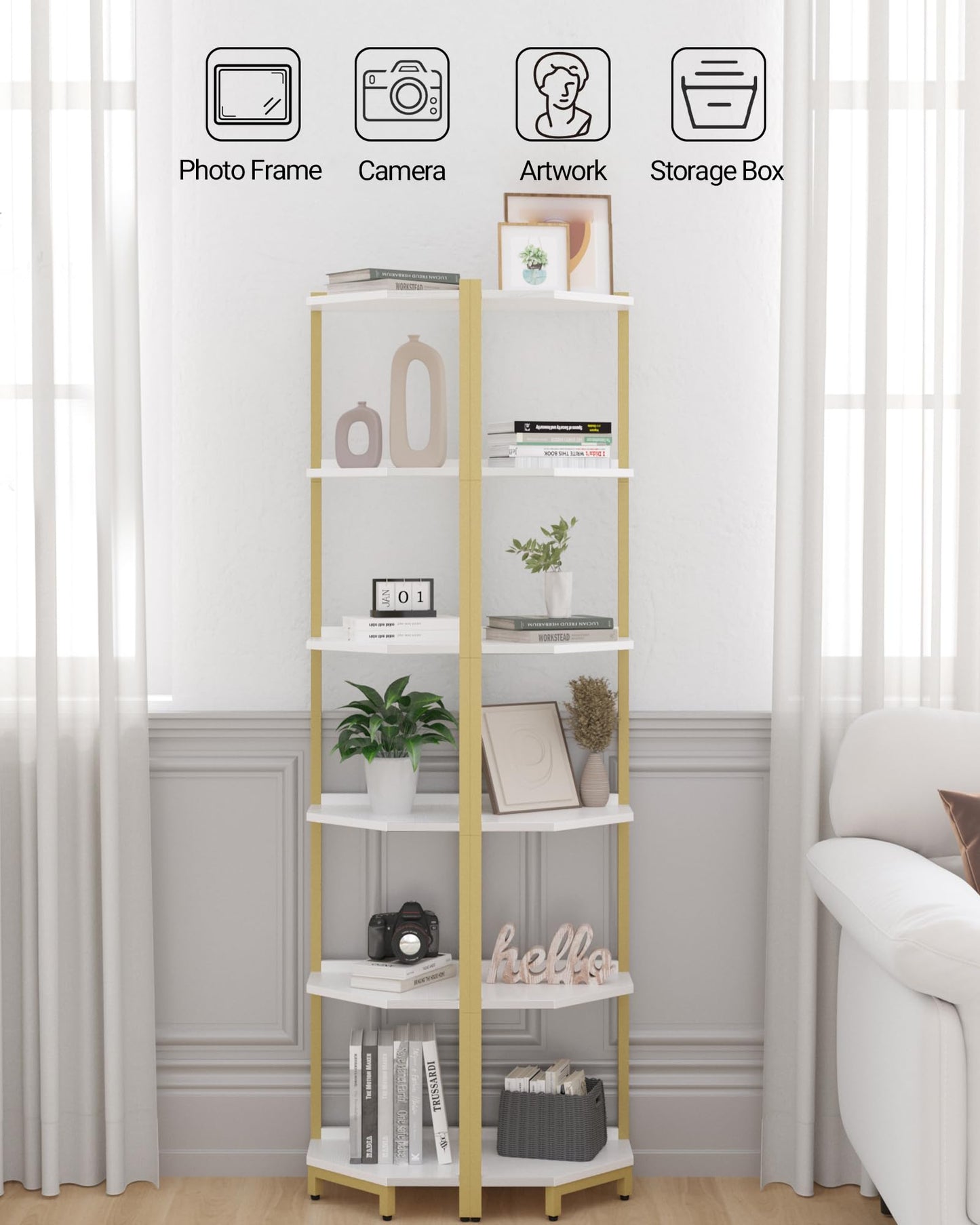 Hzuaneri Corner Shelf Stand, Corner Bookshelf, Storage Standing Shelf Unit with Metal Frame, Plant Stand, Bookcase for Living Room, Home Office, Bedroom, 6-Tier White Gold CS06003A