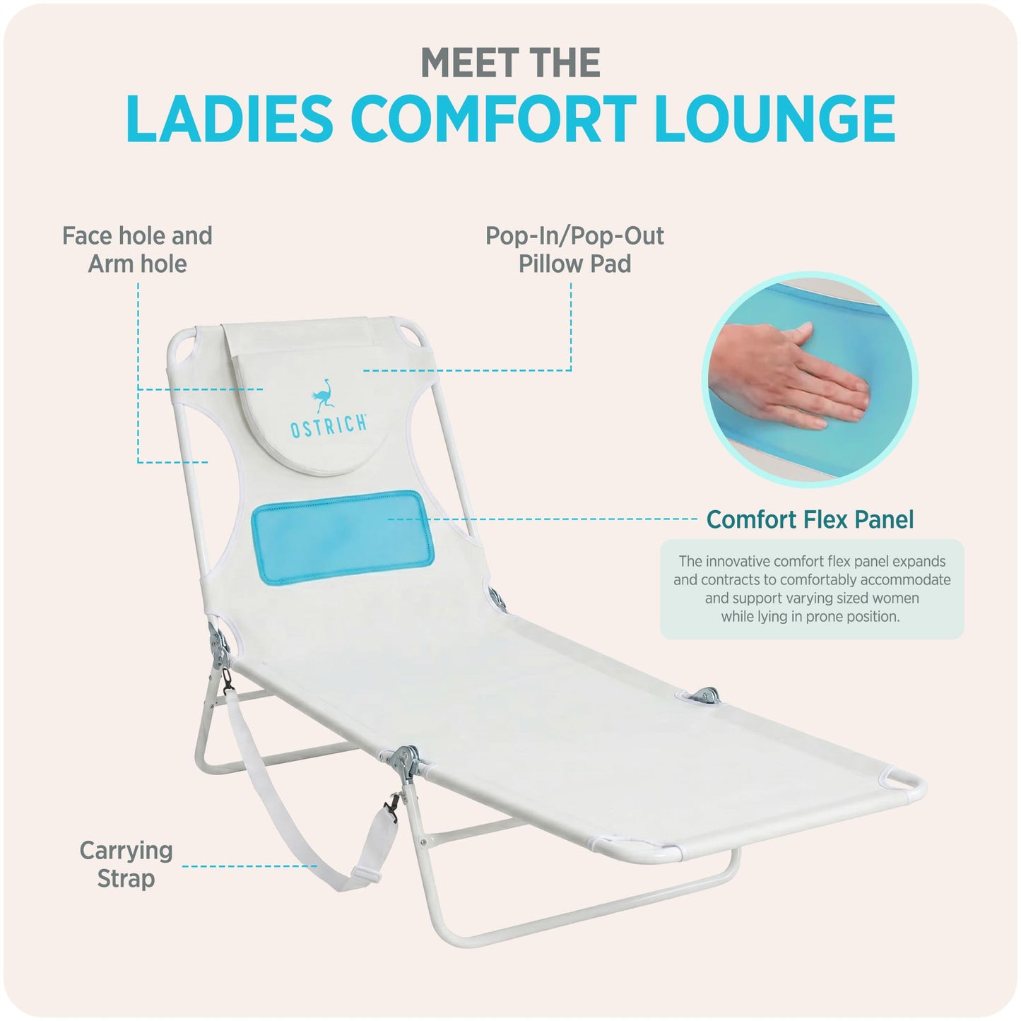Ostrich the Ladies Comfort Lounger with Chest Support, Foldable and Portable Reclining Outdoor Patio Beach Lawn Camping Pool Tanning Chair, White