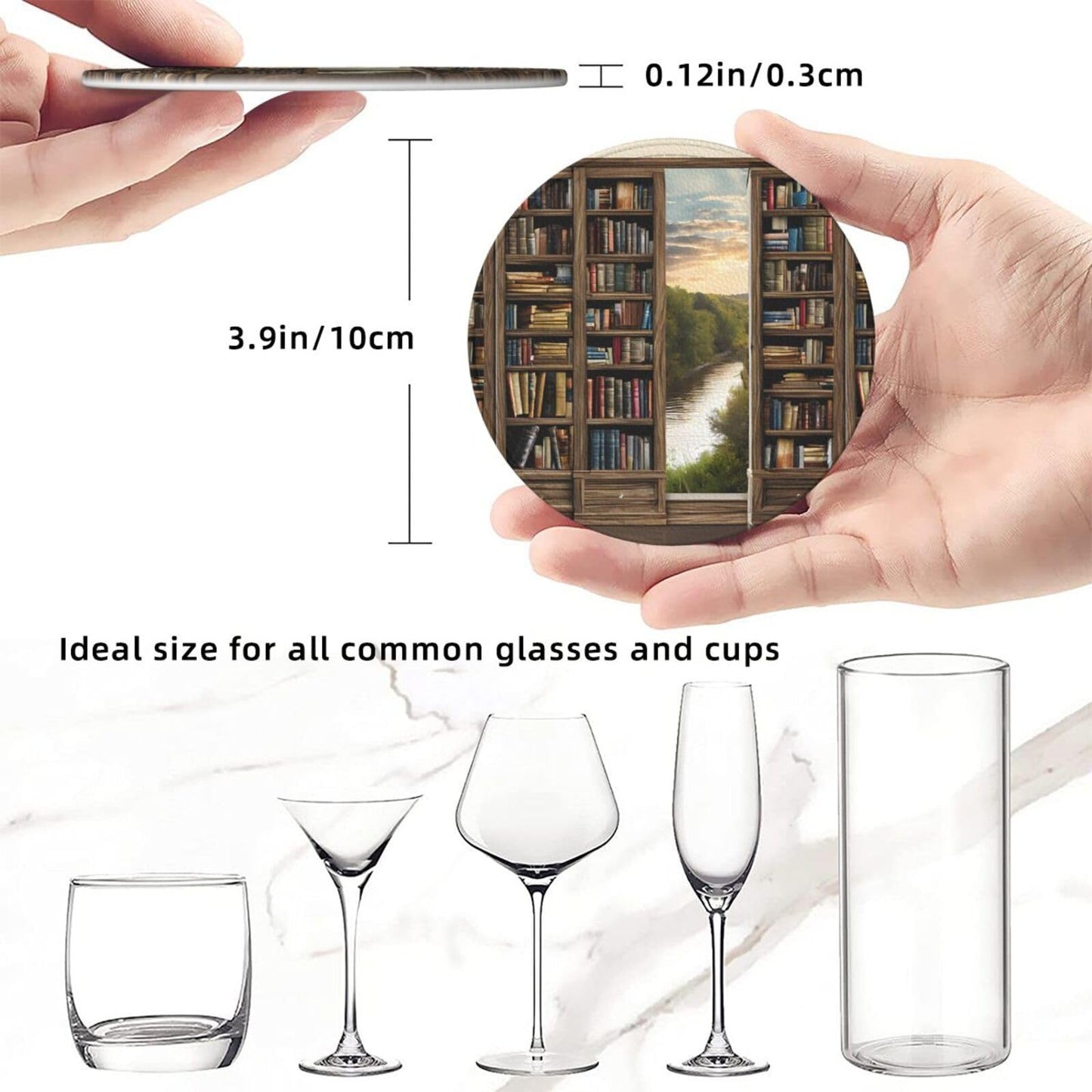 Set of 6 (Library Bookshelf Book Print) Printed Leather Coasters with Holder, Table Decor to Protect Furniture from Water Marks, Scratches and Damage, Wedding Favors and New Home Gift