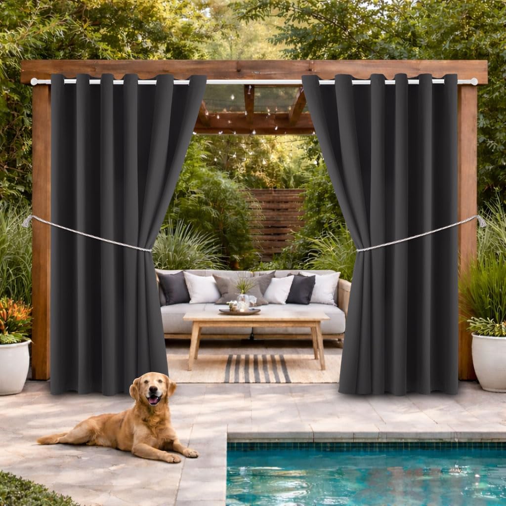 DIVA EN CAMINO DEC Outdoor Patio Curtain Waterproof Darkening Thermal Insulated Indoor Curtains for Bedroom, Porch, Living Room, Pergola, Cabana, W84 x L95, Dark Gray, Set of 2 Panels