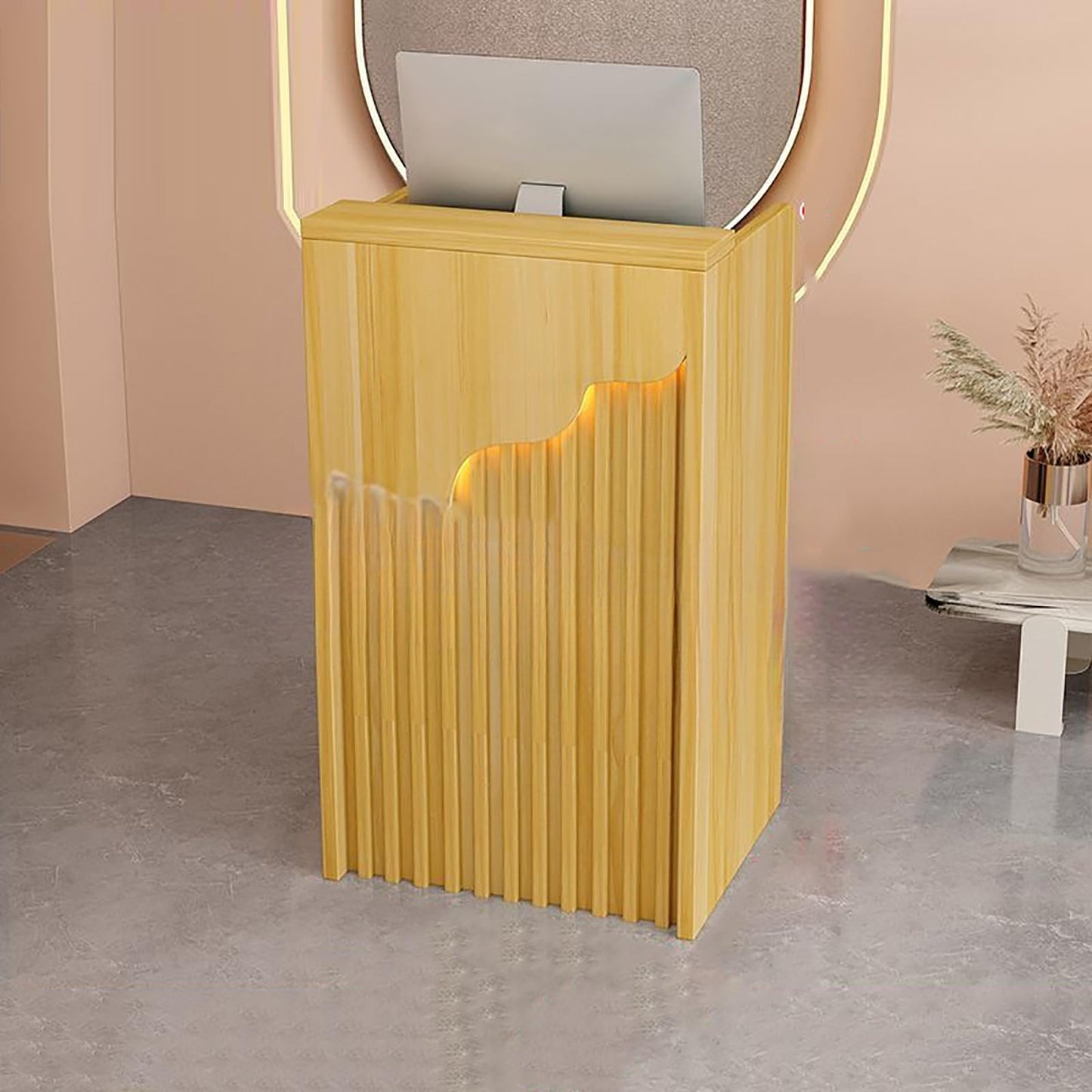 Reception Desk Counter Table - L-Shaped Cashier Front Desk, Wooden Design with Open Shelves & Drawers, Modern Retail Counter for Supermarkets, Convenience Stores & Hotels