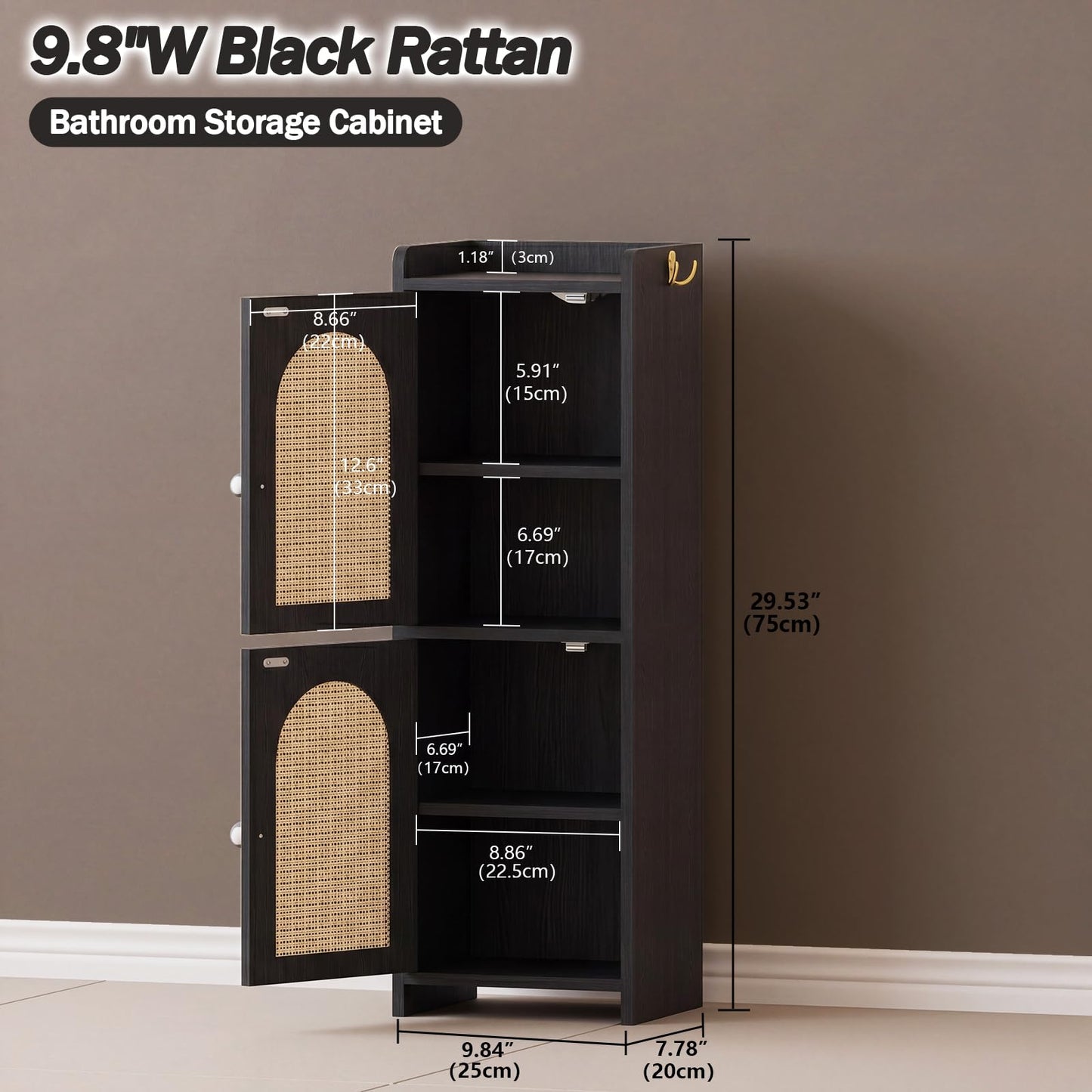 Rattan Bathroom Storage Cabinet,Corner Floor Cabinet with 2 Doors and Adjustable Shelf, Narrow Toilet Paper Cabinets with 2Hooks,Toilet Organizer for Small Spaces,7.87"D*9.84"W*29.72"H（Black）