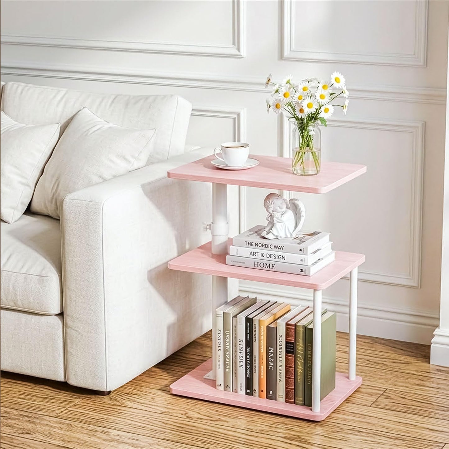 Faesun Swivel Side Table for Couch Arm, Adjustable C End Table for Recliner or Bed, Tv Trays with Storage Shelf for Small Spaces Small Nightstand Table for Living Room, Bedroom，Pink