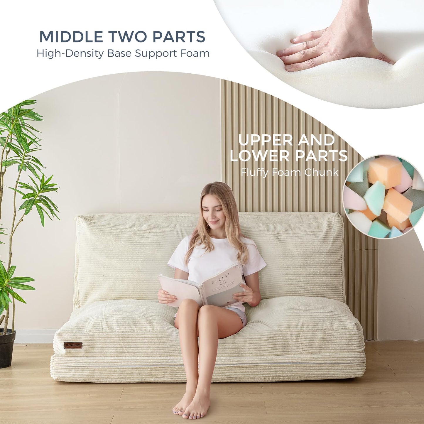 MAXYOYO Folding Sofa Bed, Floor Sofa Convertible Chair with Washable Cover, Floor Couch Lounge Bean Bag Chair Bed for Living Room, Beige, 30x91 Inch