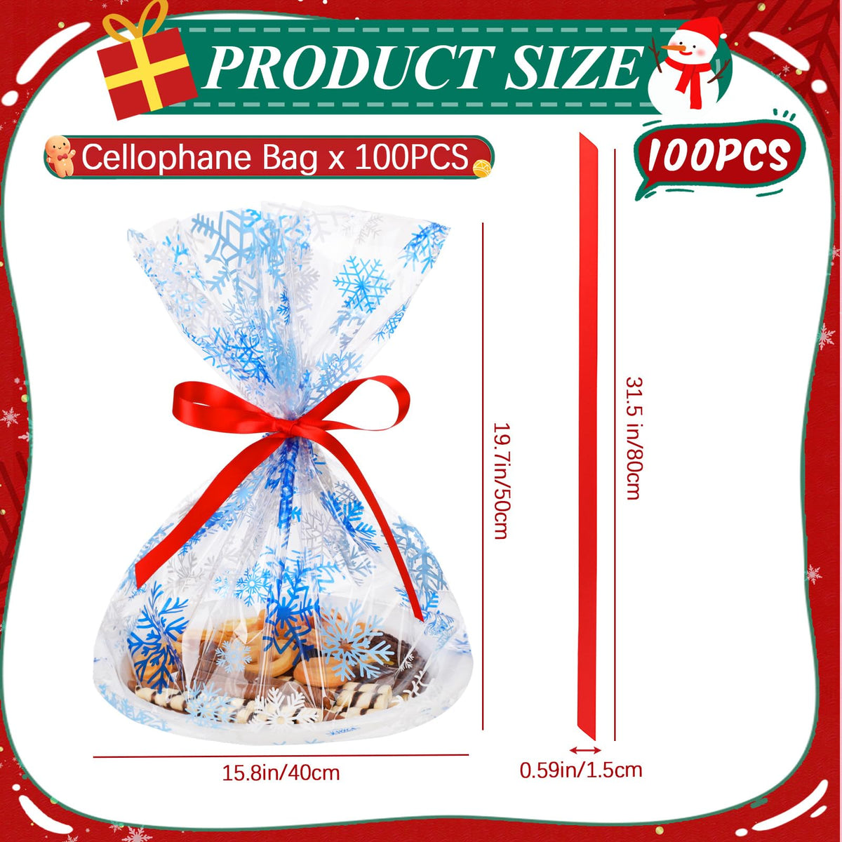 Tenceur 100 Sets Cellophane Cookie Tray Bags with Red Ribbons 15.8" x 19.7" Clear Cellophane Goodie Treat Basket Bags for Gift Giving Xmas Holiday Parties Wrap (Vivid Style)