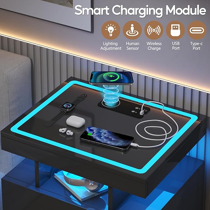 LED Nightstand with Wireless Charging Station, Glass Top Smart Bedside Table