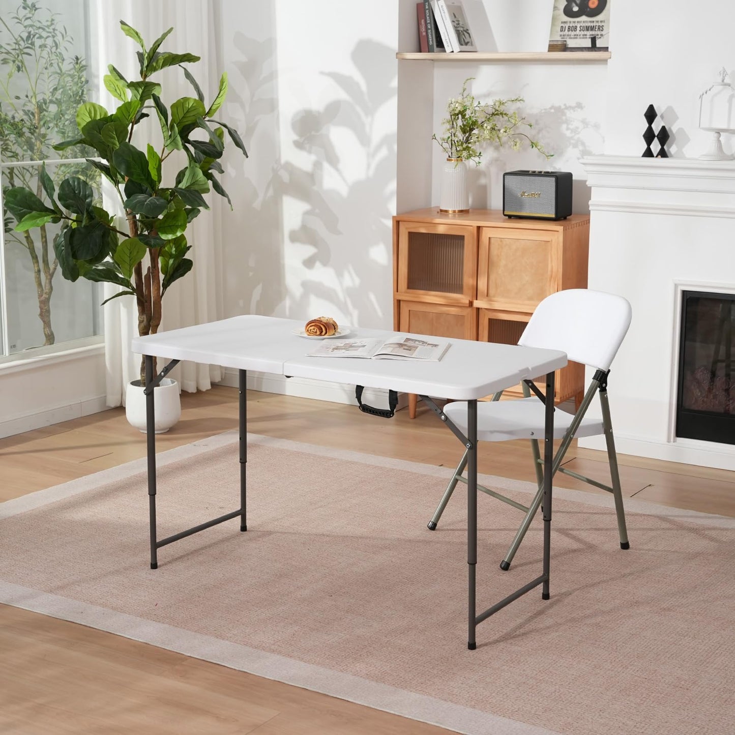 GlowitLian 4ft Folding Table with Adjustable Height, 3-Level Foldable Table with HDPE Top & Steel Legs, Portable 4 Foot Folding Table for Picnic, Party, Craft, Indoor Outdoor Use, White