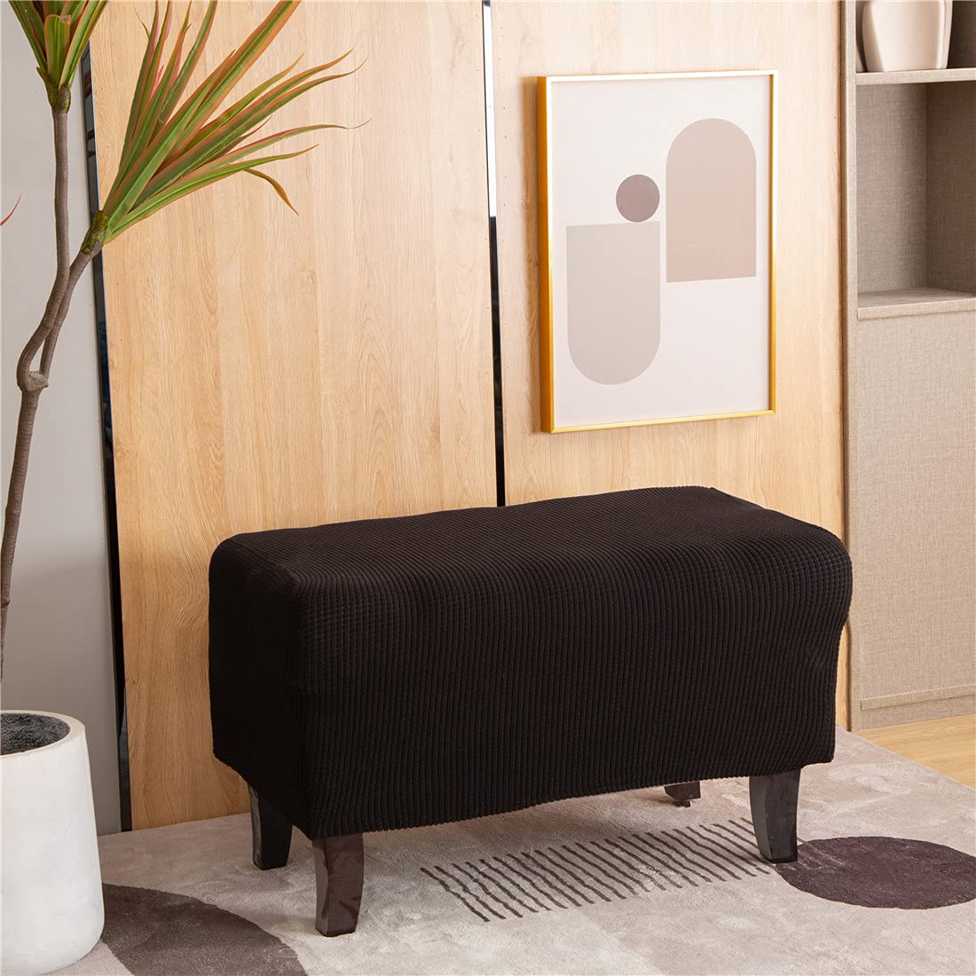 Cornasee Stretch Ottoman Cover Rectangle,Footstool Slipcover Storage Stool Furniture Protector Modern Style (Black,Small)