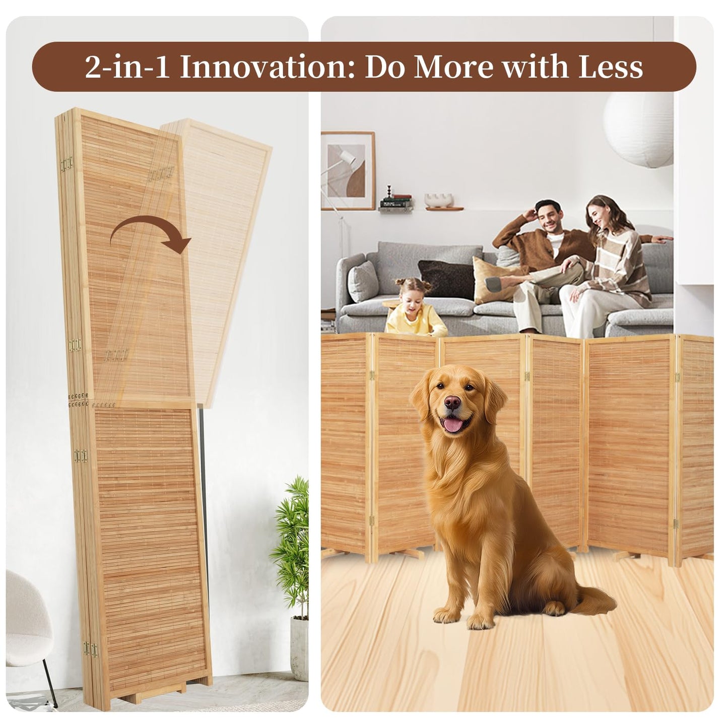 Bamboo Room Divider 6 Panel Wall Divider, 106'' W x 67'' H Folding Design with Extra Stable Base, 100% Bamboo Room Divider Screen for Room Separation, Chinese Room Partitions and Dividers Freestanding
