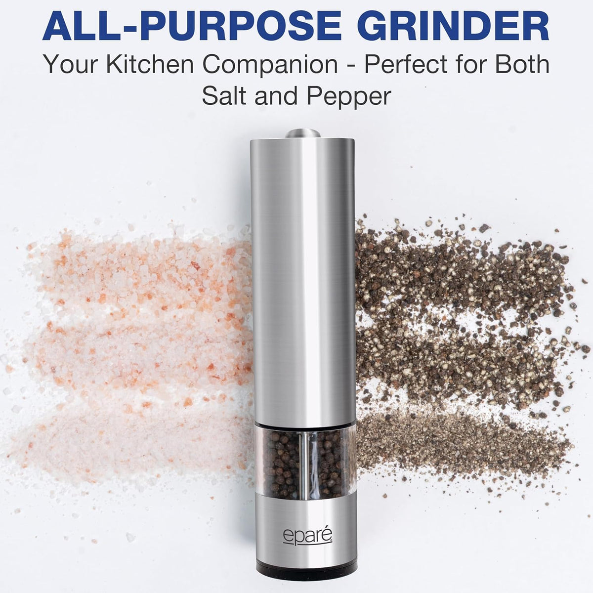 Eparé Bundle: Electric Salt or Pepper Grinder & Steel Egg Cracker Topper Set - Battery Operated Ceramic Burr Peppermill Shaker & Complete Soft Boiled Egg Tool Set