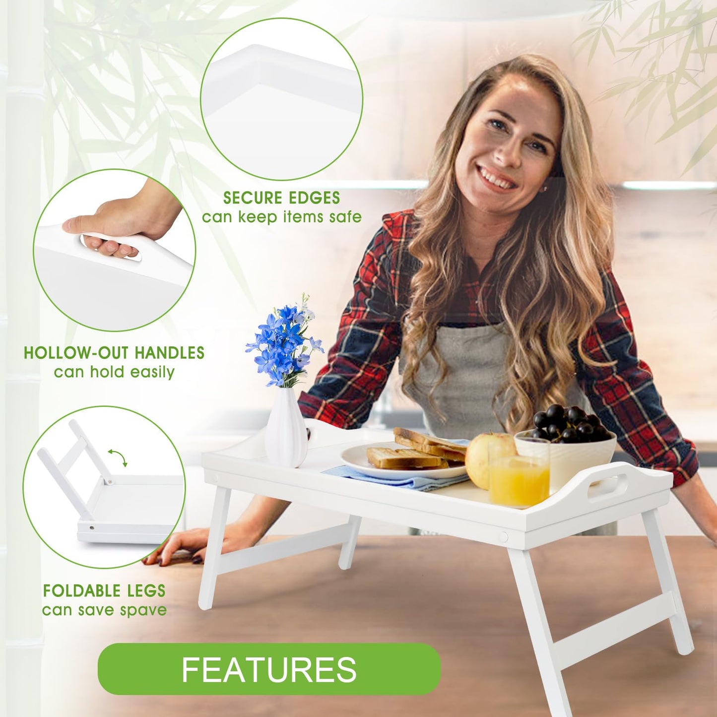 Bed Tray Table Bamboo Breakfast Food Tray with Folding Legs Kitchen Platters Serving Plate for Bed TV Table Desk Laptop Computer（White Large）