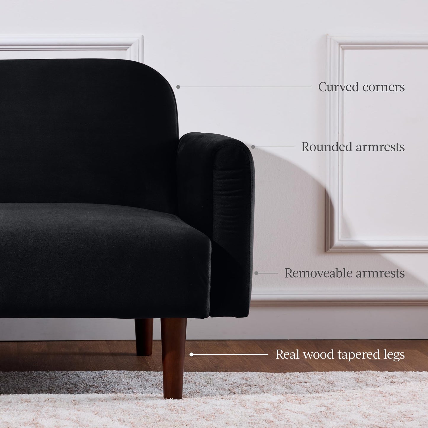 Best Choice Products 77" Mid Century Modern Velvet Loveseat Sofa, Couch, Convertible Sofa Sleeper Bed w/Real Wood, Removable Armrest - Onyx Black