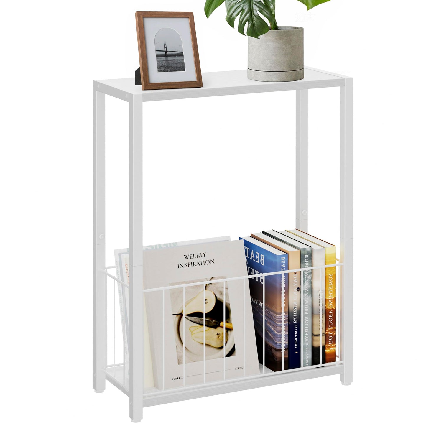 Homleke Narrow Side Table with Magazine Holder, Skinny End Table Perfect for Small Spaces, Space-Saving Design for Living Room, Bedroom, or Office, 7.1" D x 16.9" W x 23.6" H, White