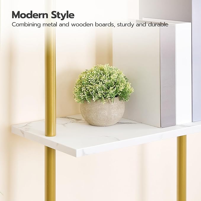 HOOBRO DIY Ladder Shelf, 6-Tier Wooden Wall Mounted Bookshelf, Narrow Gold