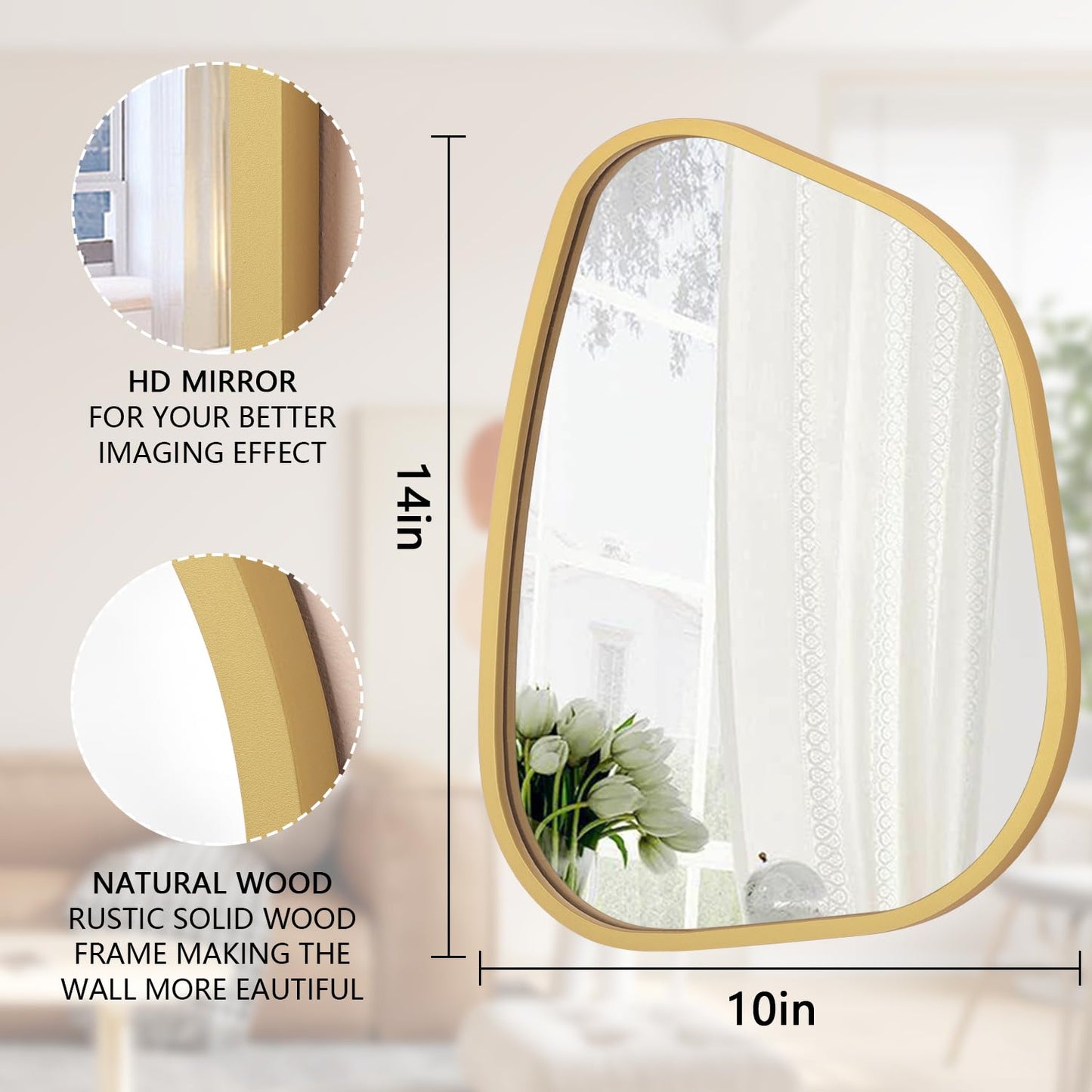 HLFMVWE Asymmetrical Accent Mirror for Wall Irregular Oval Wood Frame Modern Unique Wall Mirror Decorative Vanity Bathroom Living Room Bedroom Entryway Hallway Artistic Mirror Small Gold 14"x10"