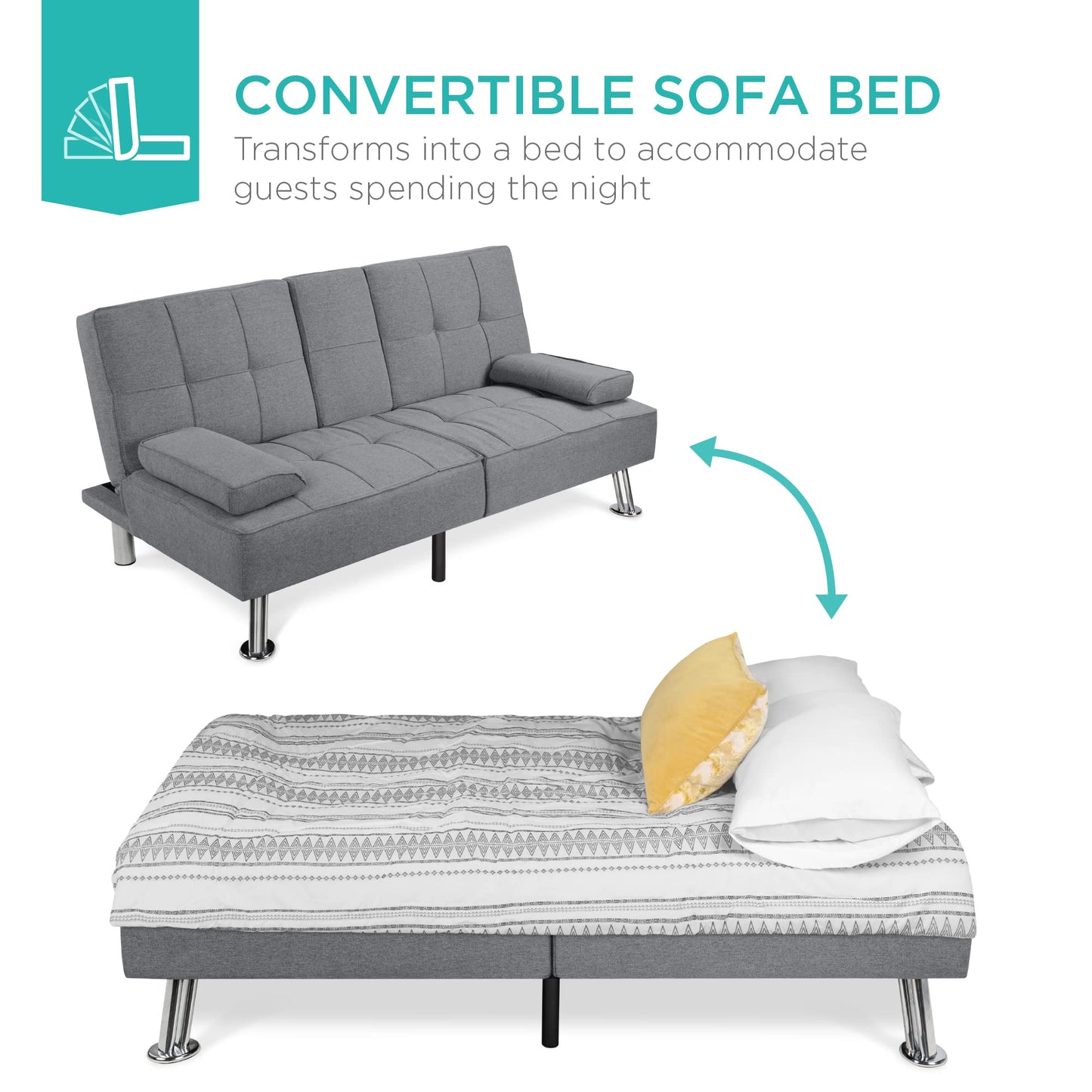 Best Choice Products Linen Modern Folding Futon, Reclining Sofa Bed for Apartment, Dorm w/Removable Armrests, 2 Cupholders - Gray