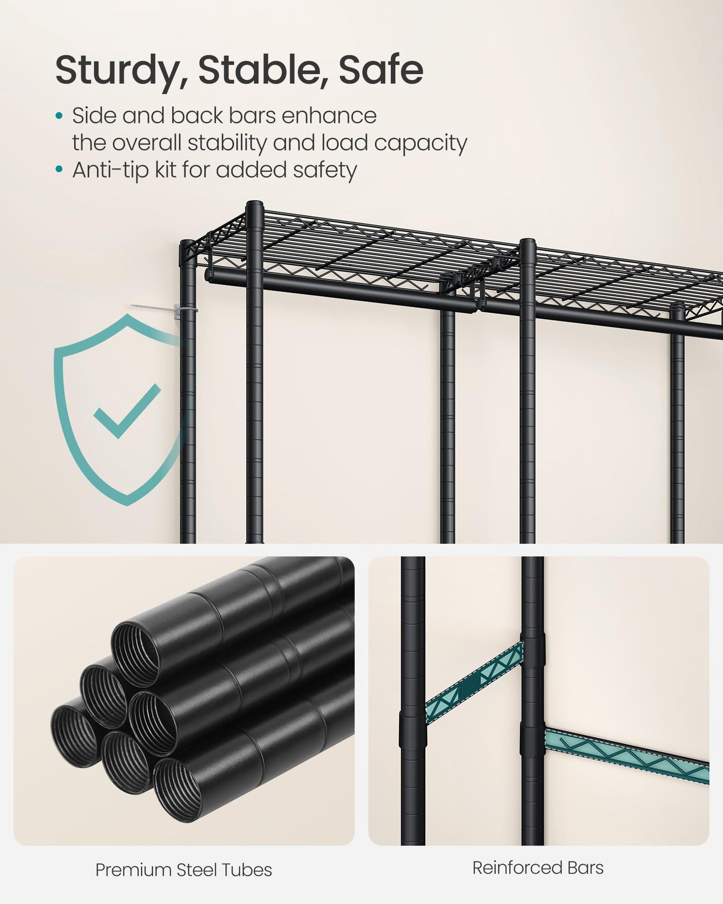 SONGMICS Clothing Rack, Heavy-Duty Garment Rack with Adjustable Storage Shelves and Hanging Rails, Fabric Cover, Freestanding Portable Wardrobe Closet, Ink Black ULGR424BH01