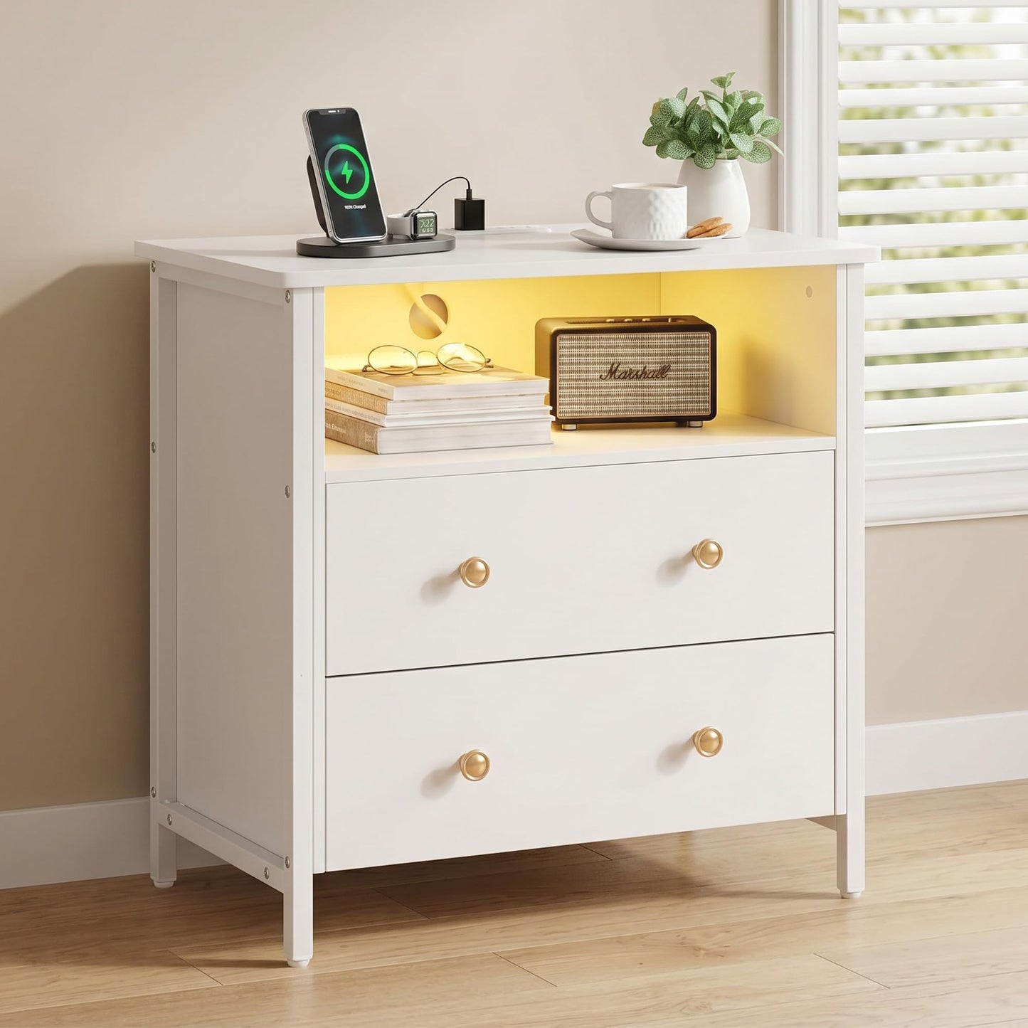 Tykacna 27 Inch Wide Night Stand, Large Wood Night Stand with 2 Drawers, LED Nightstand with Charging Station and Adjustable Drawer, Bedside Table for Living Room/Bedroom/Study/Office, White.