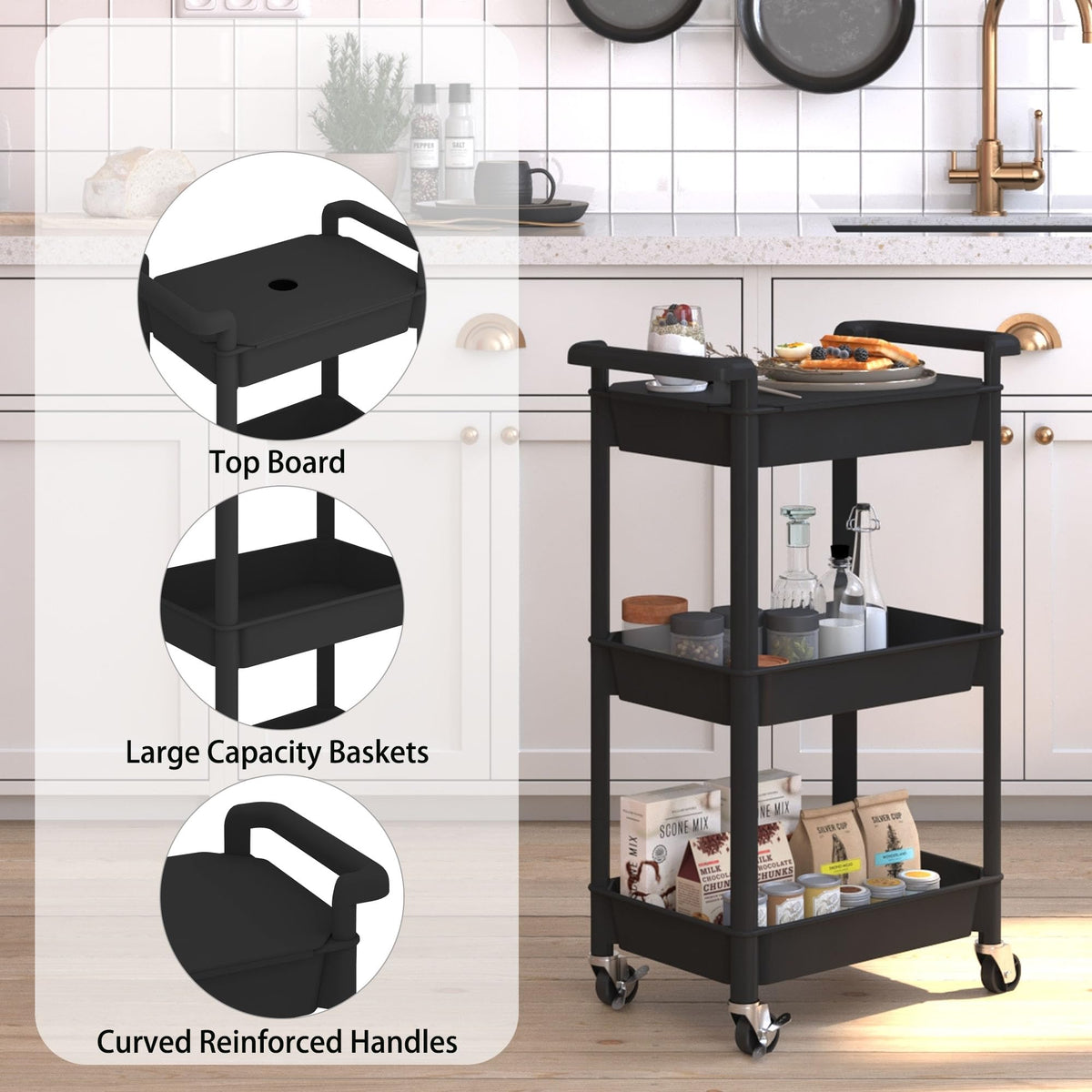 Steehoom 3-Tier Utility Rolling Cart with Cover Top Board, Mobile Utility Cart with Lockable Casters Multi-Functional Storage Trolley for Office, Bathroom, Kitchen, Garden, Laundry Room (Black)