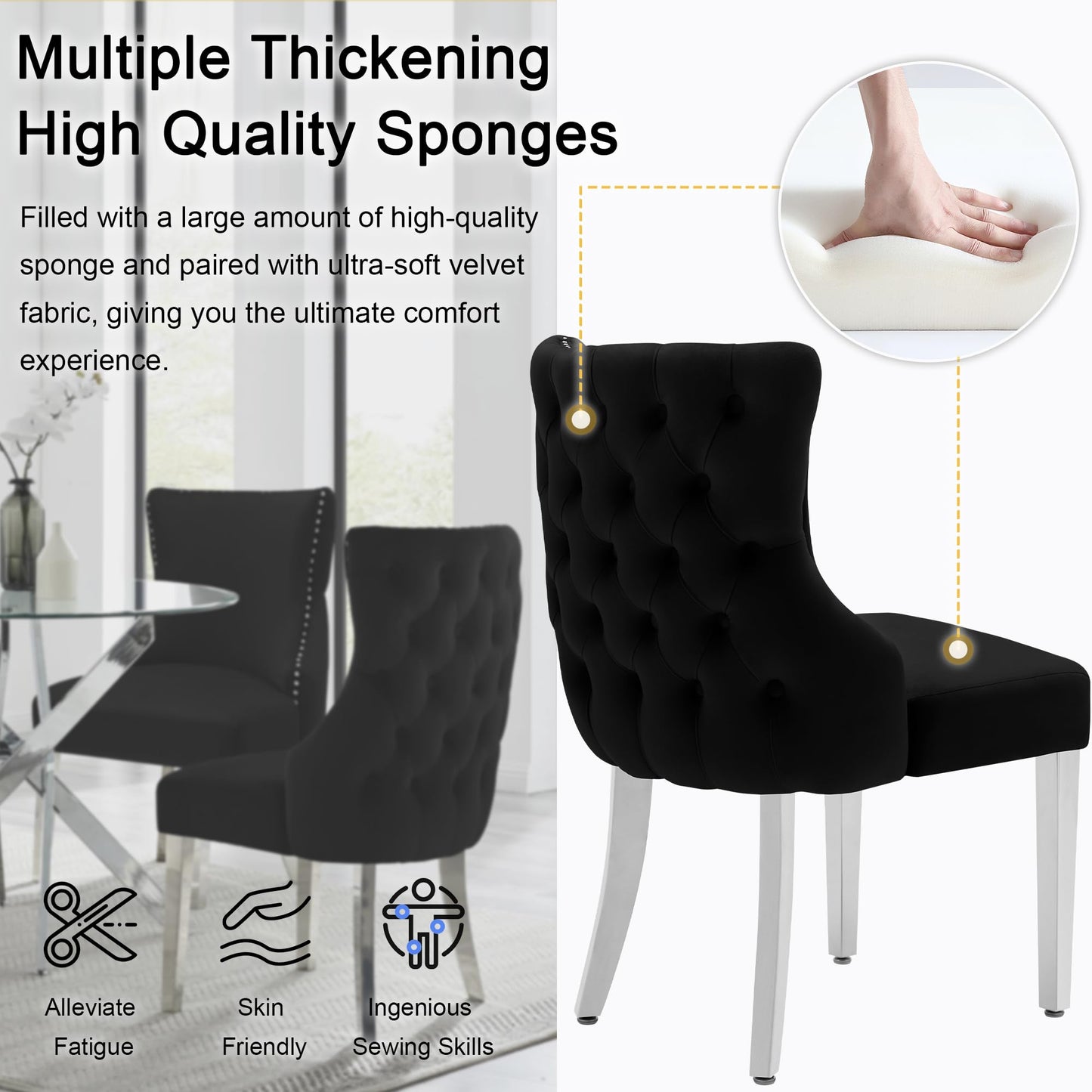 UDAX Velvet Dining Chairs Set of 4, Upholstered Tufted Backrest Sillas de Comedor, Luxurious Dining Chairs with Stainless Steel Legs, Modern Seating for Kitchen, Bedroom & Living Room