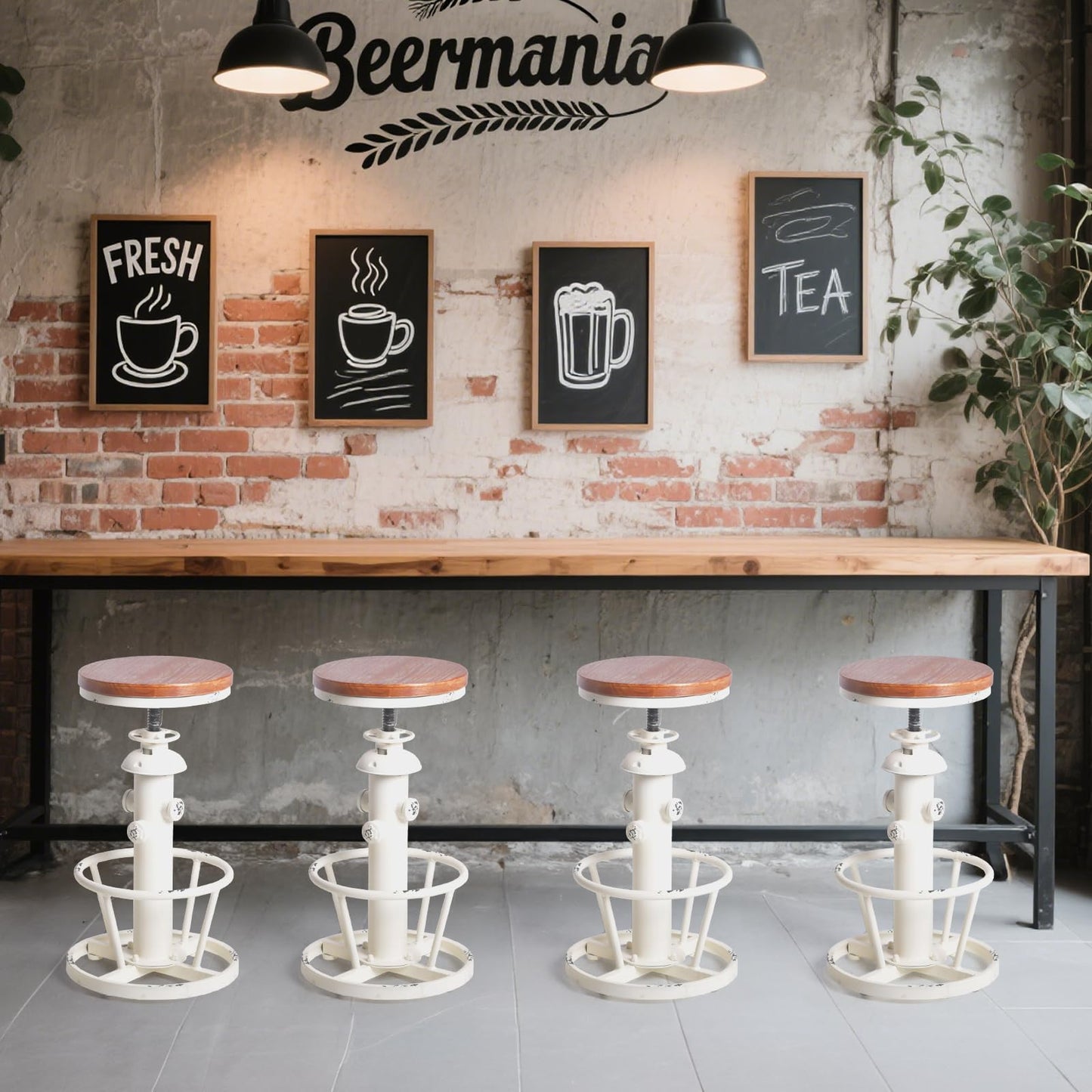 Topower Aged Antique Industrial Round Bottom Adjustable Height Cafe Coffee Retro Vintage Stylish Water Pipe Design Pub Kitchen Bar Stool (Antique White, Wooden Top)