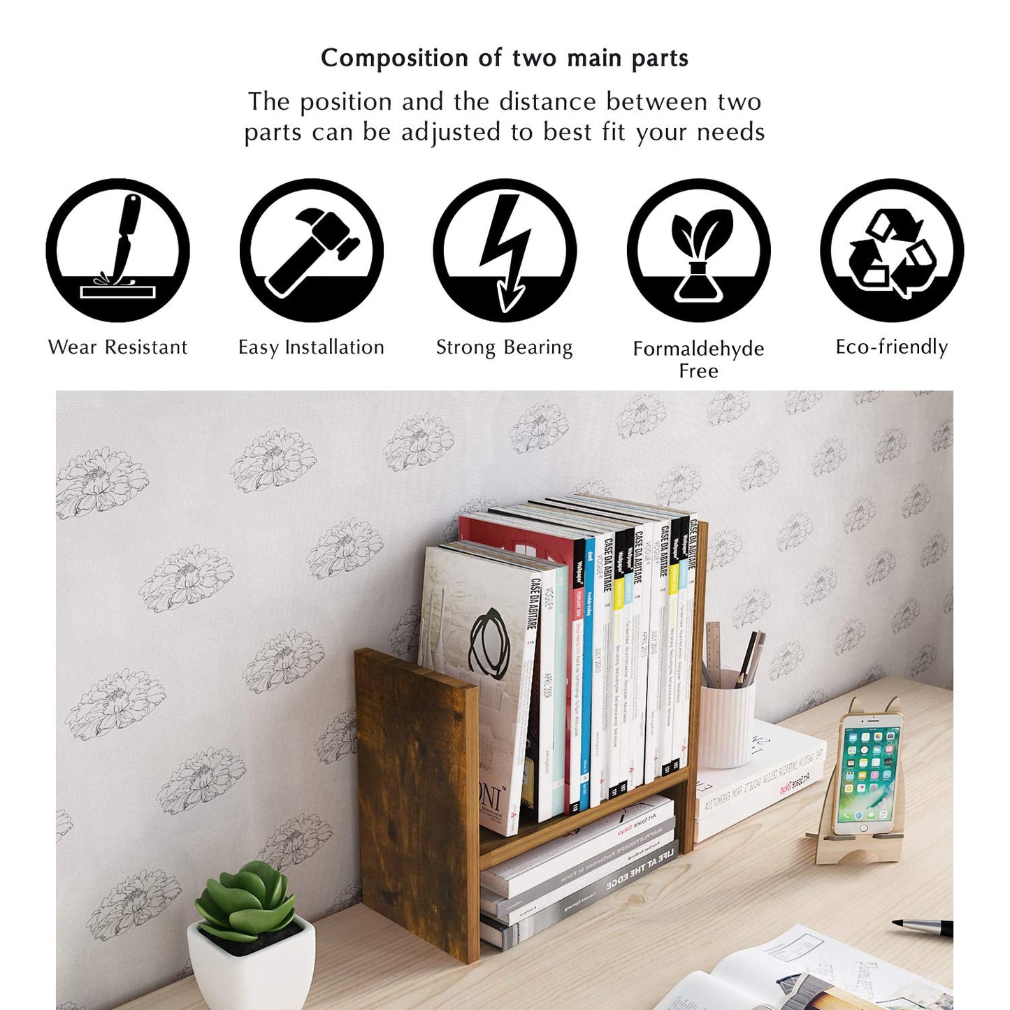 Jerry & Maggie Desktop Organizer Office Storage Rack Adjustable Wood Display Shelf Free Style Double H, Multi-Functional Mini Bookshelf for Desk Natural Stand (Natural Wood Tone)