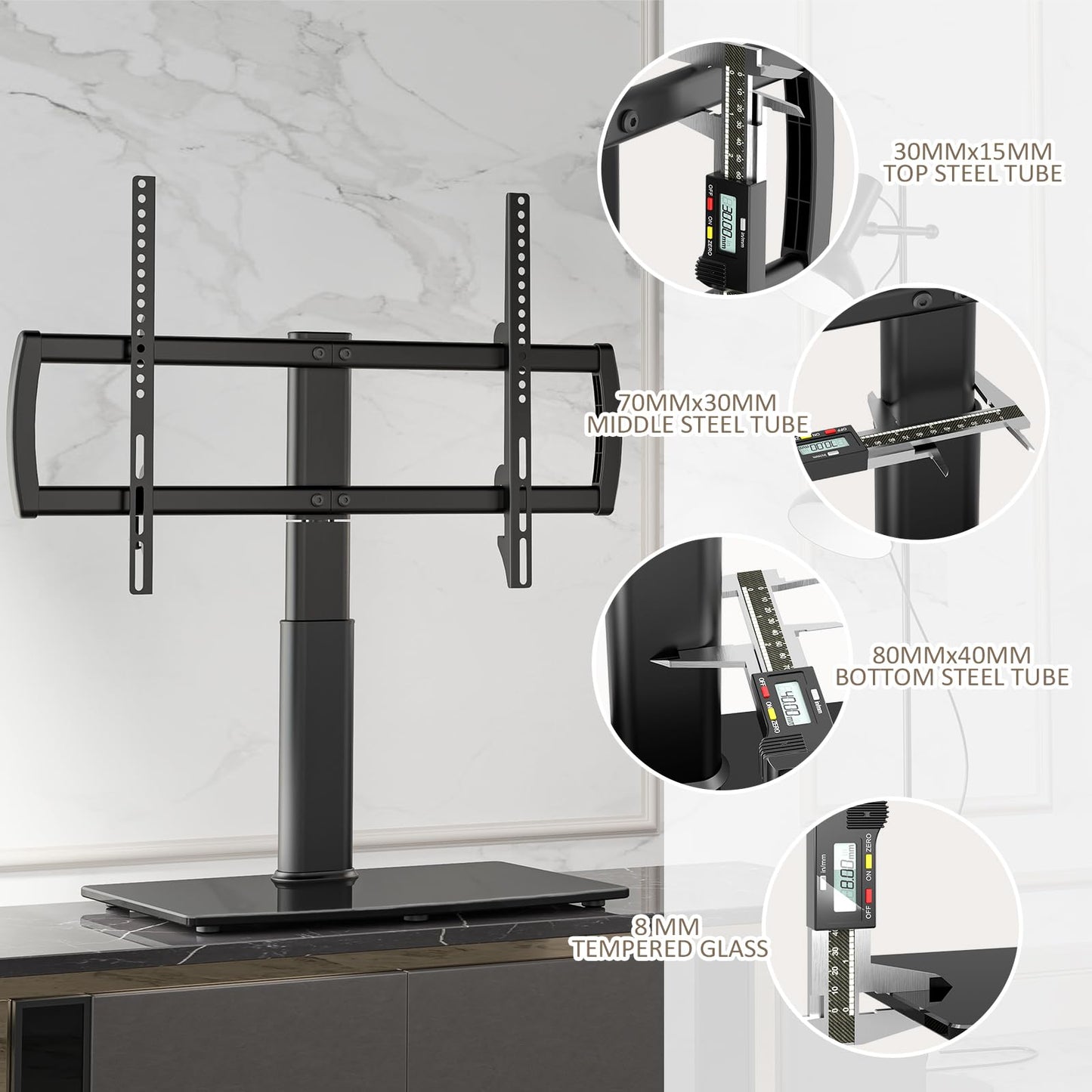 Universal Swivel TV Stand/Base Table Top TV Stand 32 to 65 inch TVs 80 Degree Swivel, 4 Level Height Adjustable, Heavy Duty Tempered Glass Base, Holds up to 88lbs Screens, HT04B-002