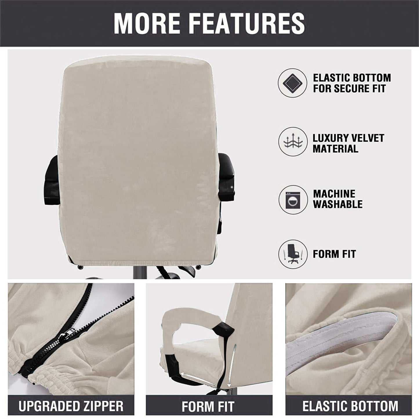 Velvet Plush Stretchable Office Desk Chair Cover Cat Proof with Wheels, Chair Seat Cover with Armrest Protector for Pets & Kids, Removable for Ergonomic Mesh Computer Rolling Chair, Beige, XL