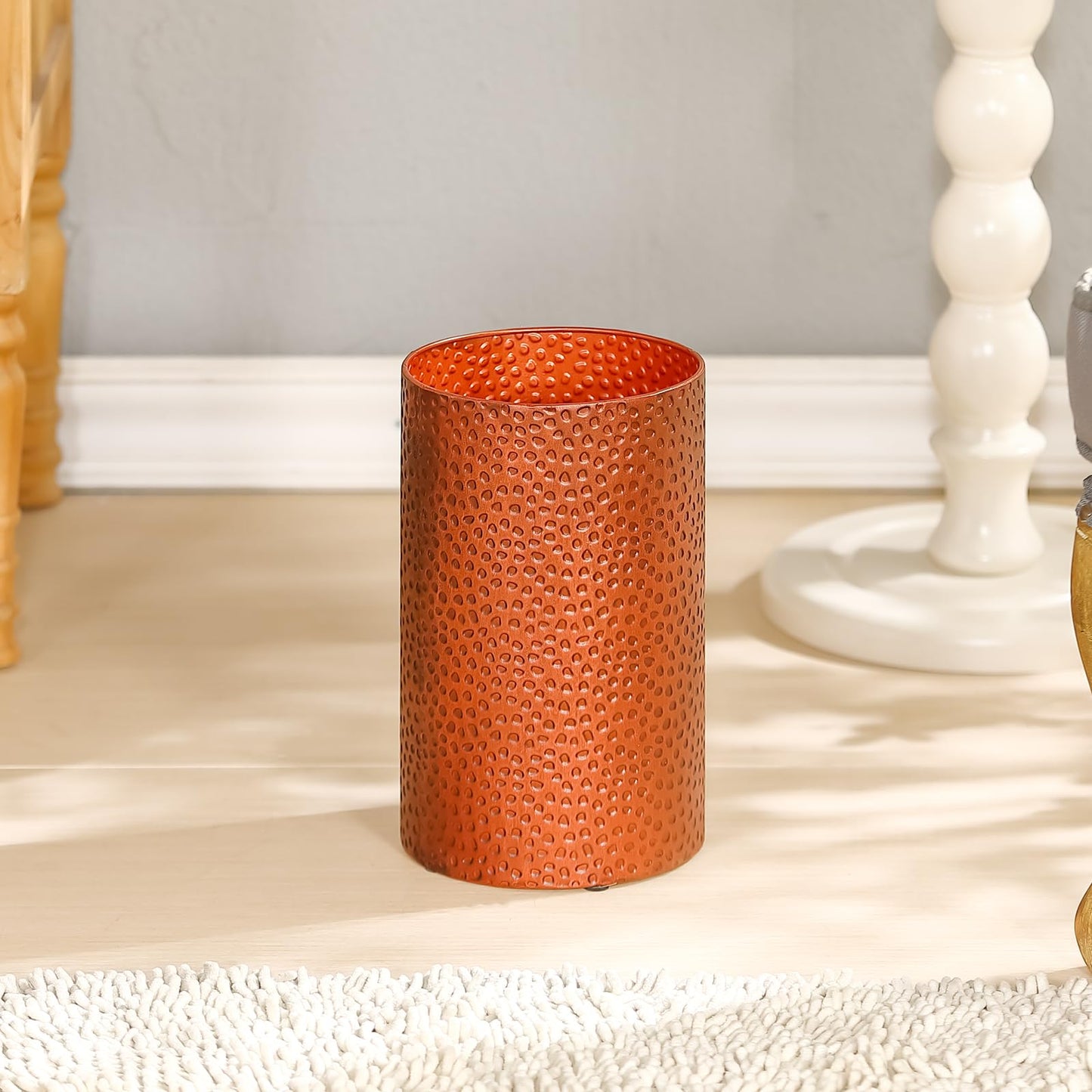 Wenbery Hand-Hammered Antique Copper Metal Trash Can, Small Decorative Wastebasket for Bathroom, Bedroom, Office, Kitchen & Dorm - Durable Round Garbage Bin, 7" W X 7" L X 12" H