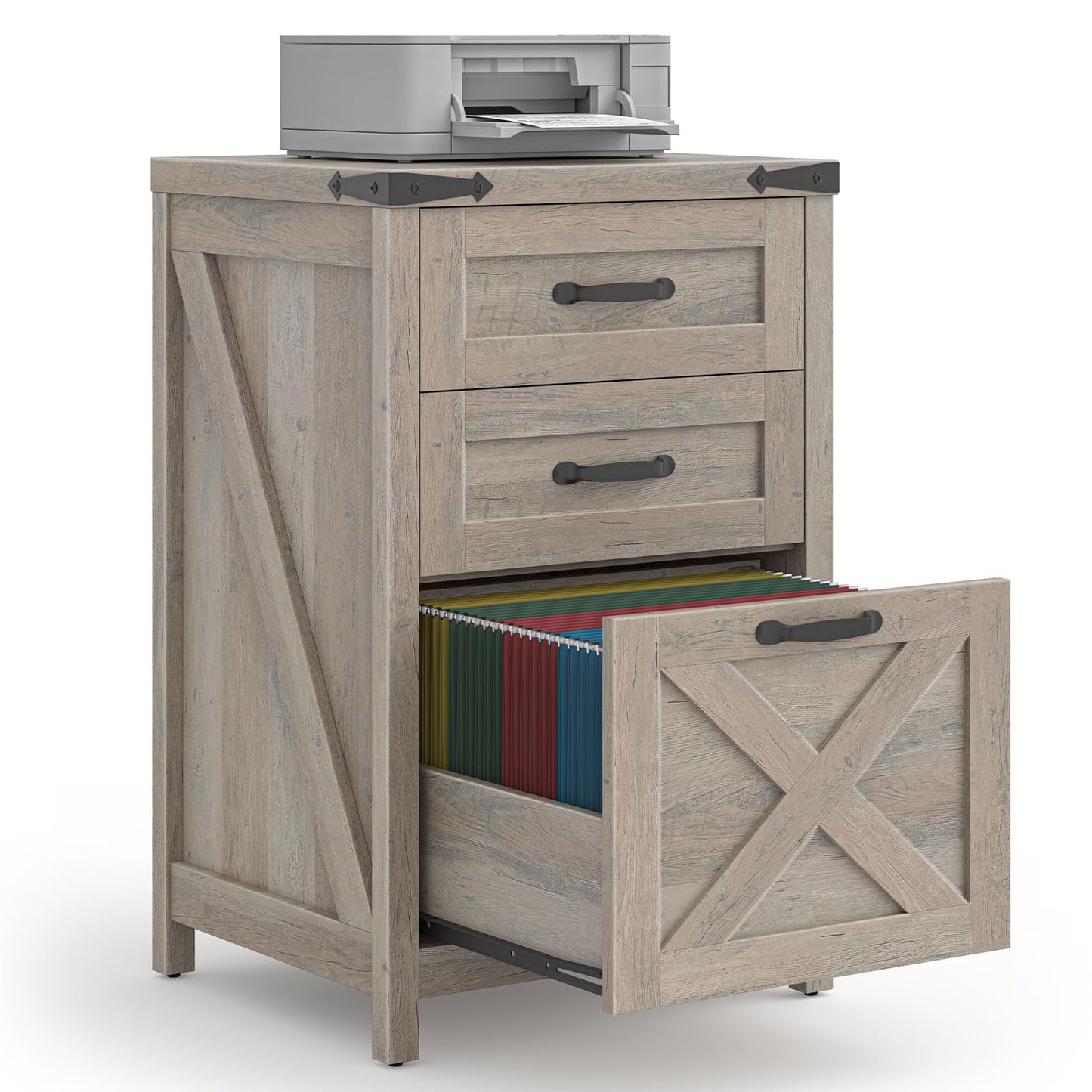 Halitaa 3 Drawer Small File Cabinet, Farmhouse Vertical Filing Cabinet Fits Letter and A4 Size, Under Desk Wooden File Cabinets for Home Office, Printer Stand, Rustic Grey