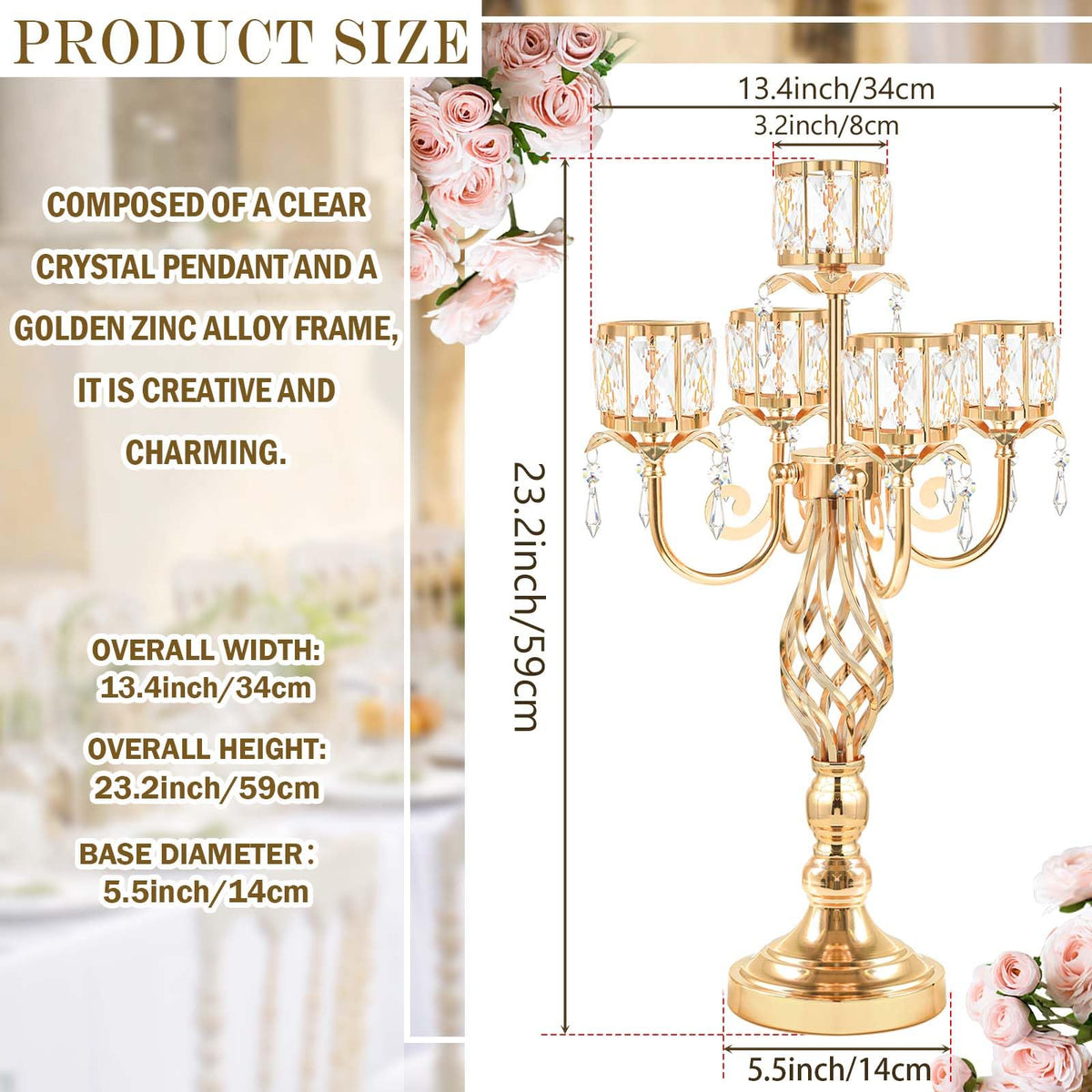 23.2 inch Tall Elegant and Chic 5 Arm Pendant Crystal Candlestick Holder Table Decoration tealight Candle Holder, Candelabra for Gorgeous Wedding/Parties Table Centerpiece (1, Gold)