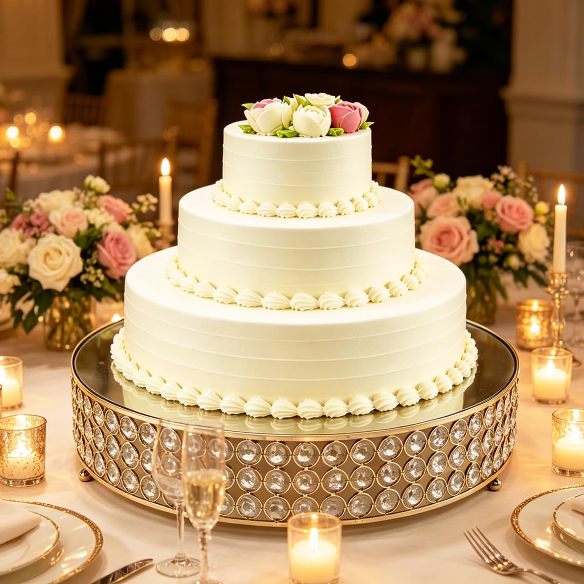 FEICTPOX Metal Cake Stand with Mirror Top Plate Beaded Crystal Display Cake Pedestal,Baking Party Supplies Centerpiece,Gold 16 Inch