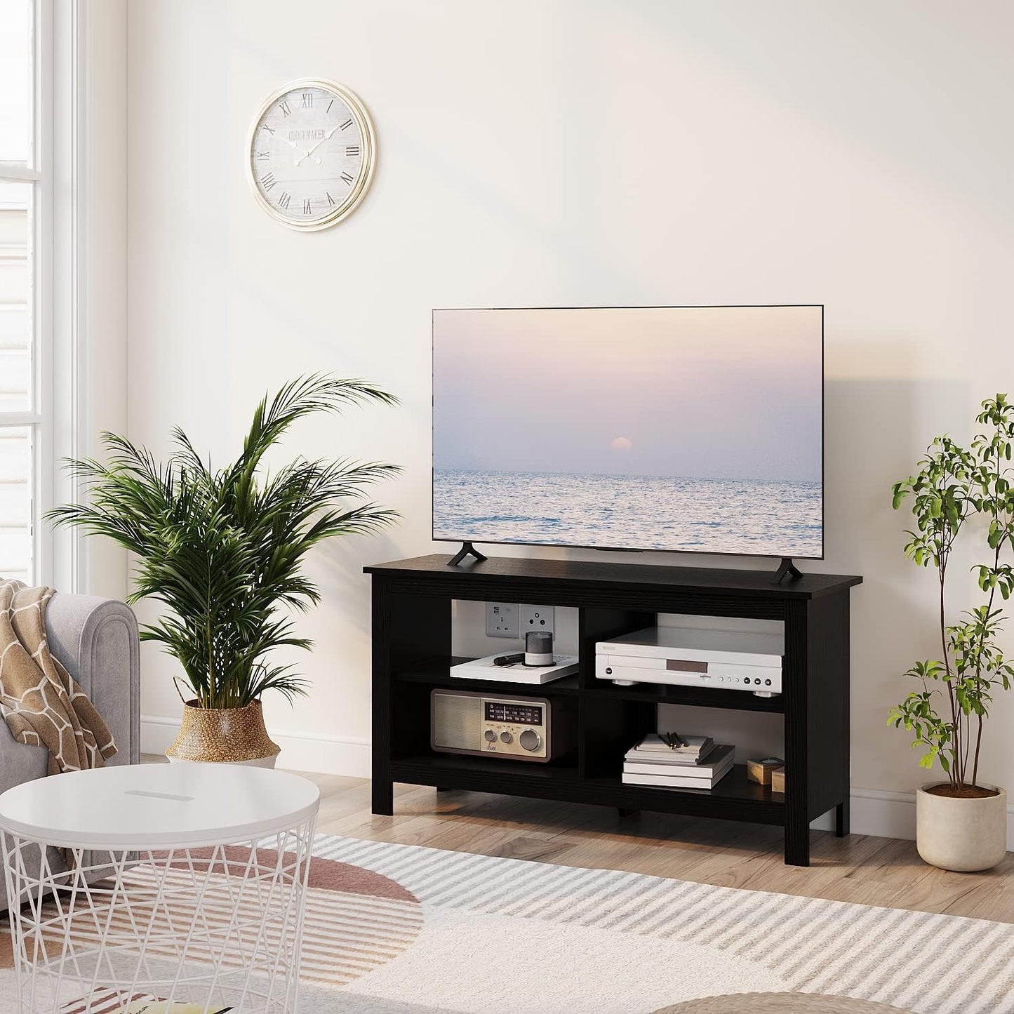 Gyger 43 Inches TV Stand,Mid Century Modern Entertainment Center with 4 Open Shelves Farmhouse TV Media Console Table for Living Room,Bedroom,Television Stand up to 50 Inches(Black)