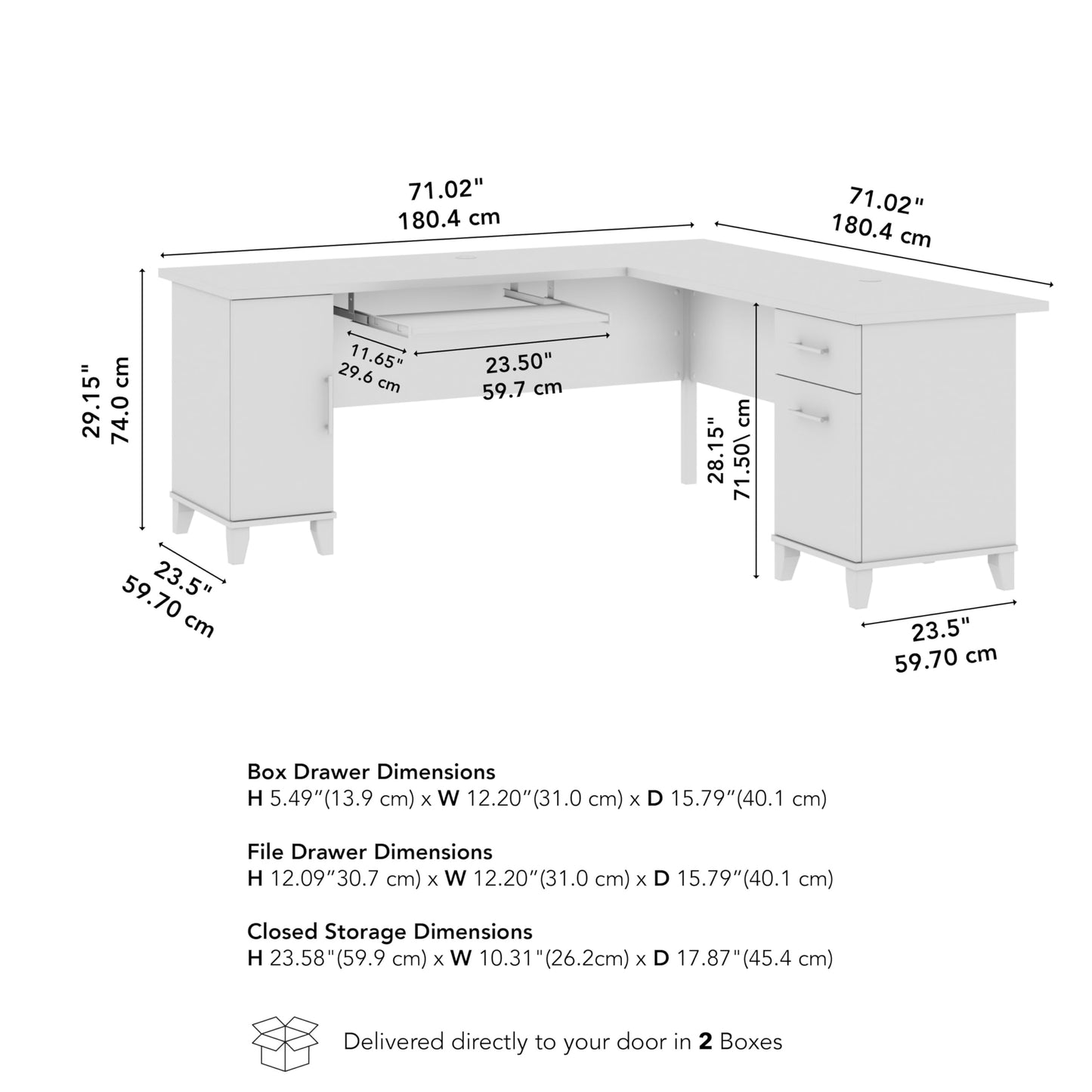 Bush Home 72-Inch L-Shaped Desk with Storage, Corner Computer Office Desk with File and Box Drawers, Home Office Workstation with Storage Cabinet, Somerset Collection, Storm Gray and White