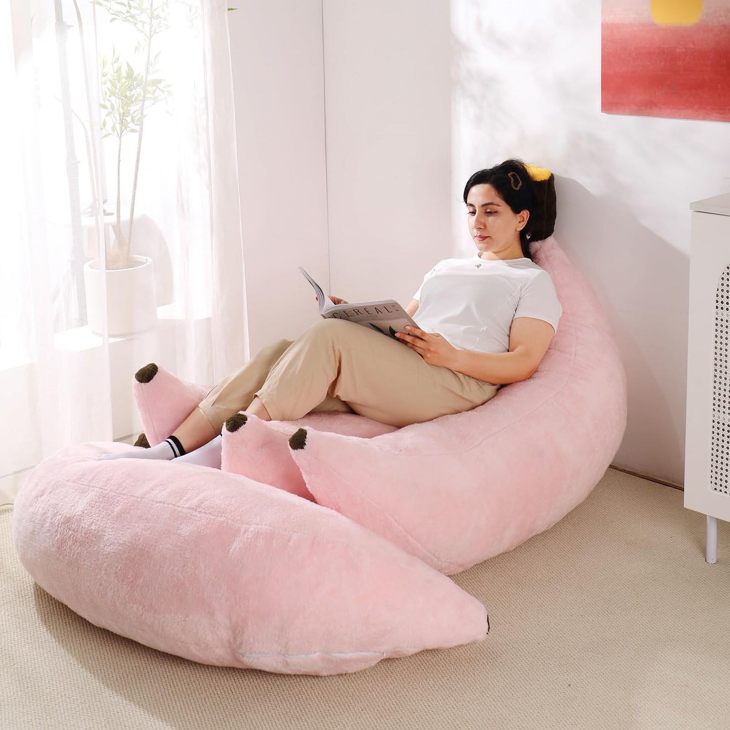 IEVENW Banana Bean Bag Chair with Ottoman, Floor Sofa Bed with Footrest, Comfy Convertible Lounger for Adults, Plush Couch for Bedroom, Living Room or Dorm, L-Pink