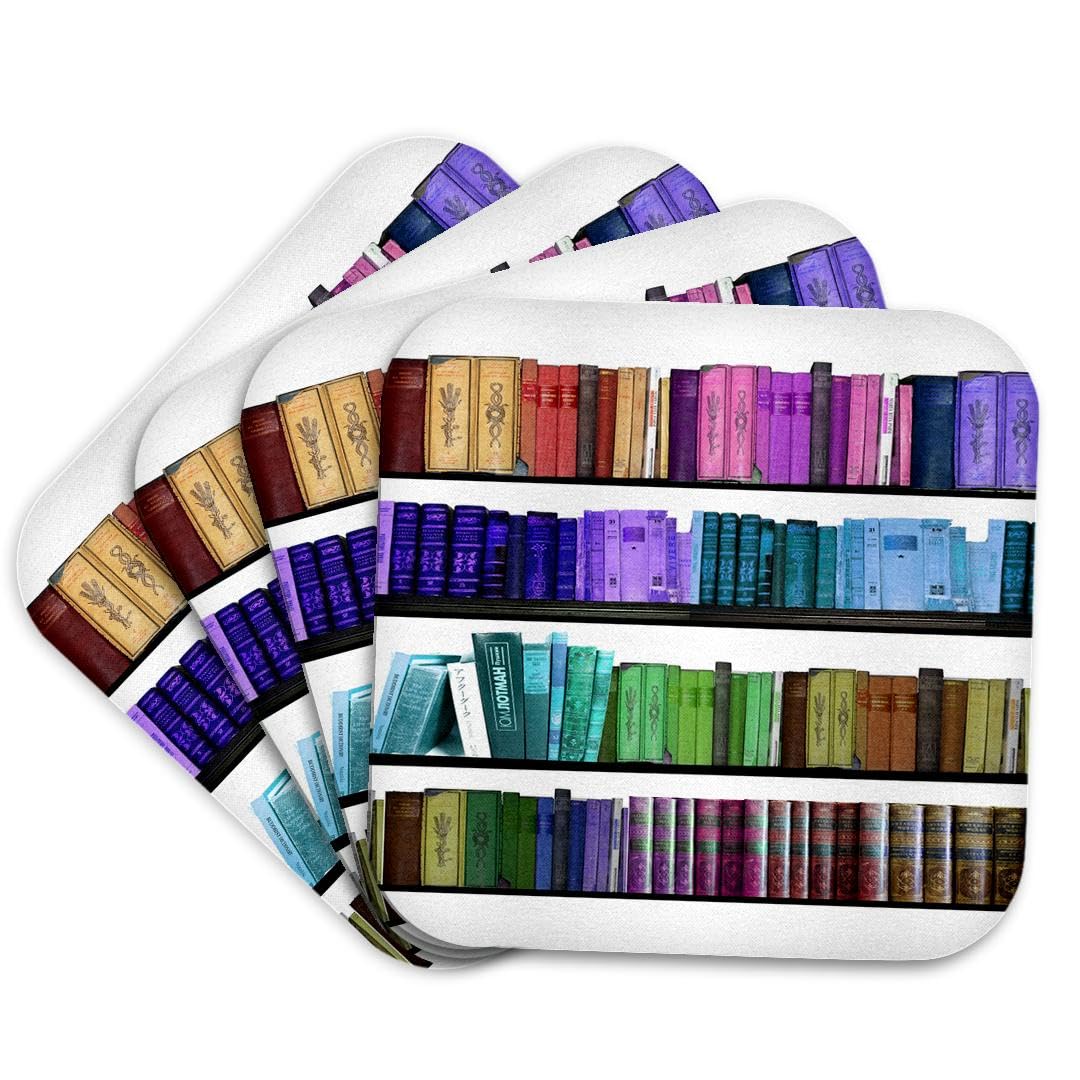 3dRose CST_112957_1 Colorful Bookshelf Books Rainbow Bookshelves Reading Book Geek Library Nerd Librarian Author Soft Coasters, Set of 4