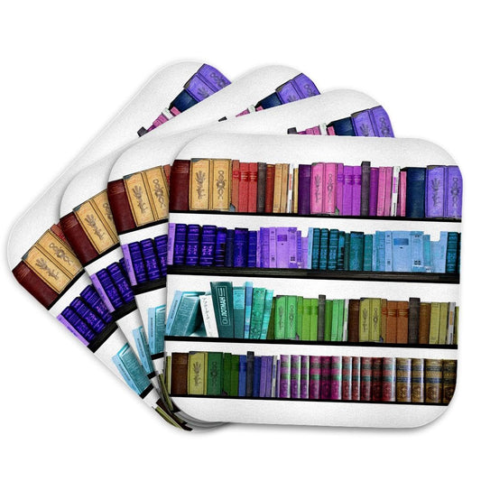 3dRose CST_112957_1 Colorful Bookshelf Books Rainbow Bookshelves Reading Book Geek Library Nerd Librarian Author Soft Coasters, Set of 4