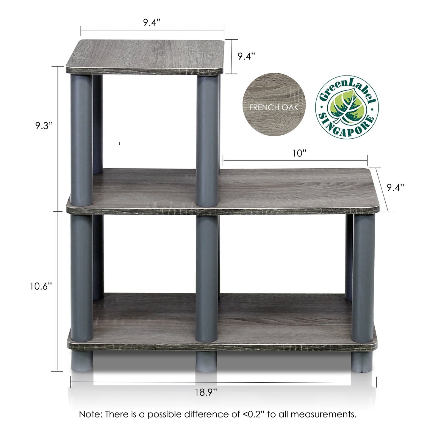 Furinno TURN-N-TUBE Storage Shelves, 2-Tier Ladder Shape Book Shelf with Open Frame Design, 3-Cube Corner Shelf, Toolless Open Shelves, Living Room, Garage, Home Office, Grey