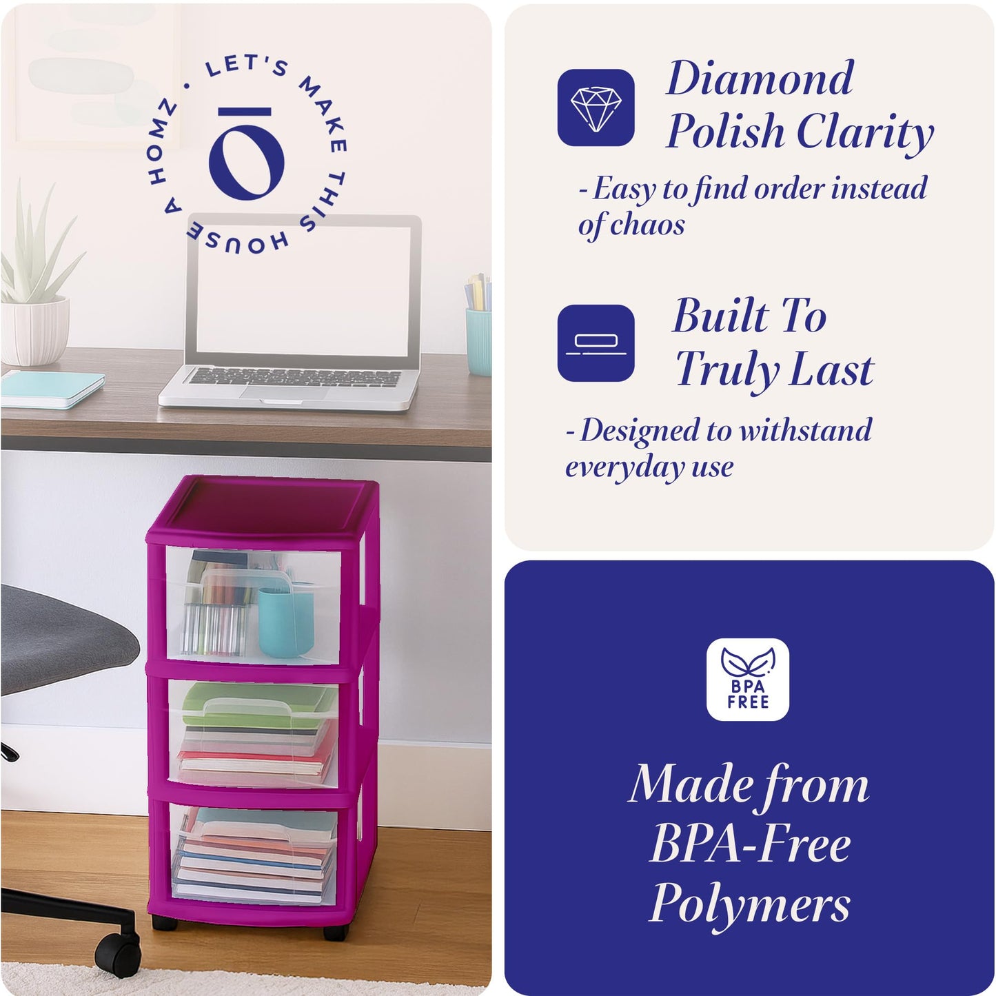 HOMZ Drawer Tower, 3-Tier Clear Plastic Storage Organizer Cart, Purple Frame - Rolling Drawer Containers with Wheels for Bathroom, Bedroom, Office, and Classroom Organization