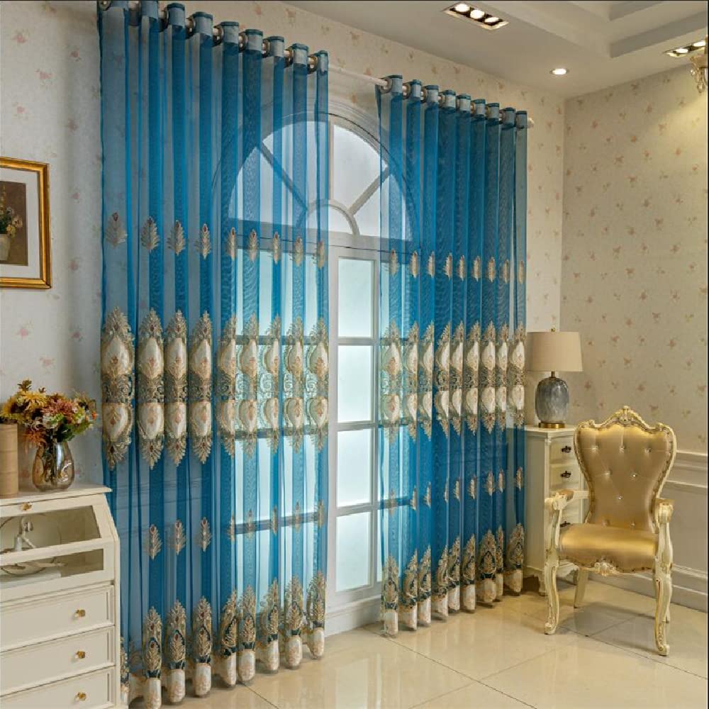 Amidoudou 1 Pair European Jacquard Sheer Curtains Luxury Embroidered Tulle Curtains for Living Room Bedroom (Blue and Gold,51x84 Inch)
