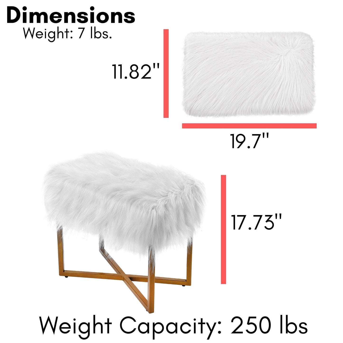 BIRDROCK HOME Rectangular Faux Fur Vanity Foot Stool Ottoman with Metal Legs - Small Soft Padded and Fluffy Makeup Seat or Foot Rest for Bedroom, Desk, or Dressing Table (White and Pale Gold)