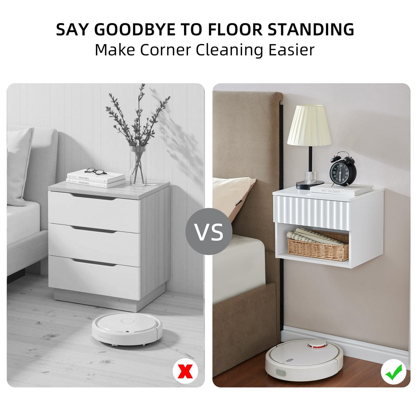 BuildHom Floating Nightstand with Fluted Drawer - Modern Wall Mounted Bedside Table with Open Storage Shelf, Small Night Stand TV Stand for Bedroom(Matte White)
