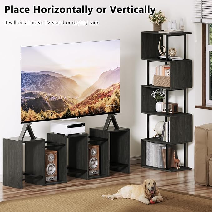 Furologee 6 Tier Bookshelf Tall Geometric Bookcase, S Shaped Industrial Display